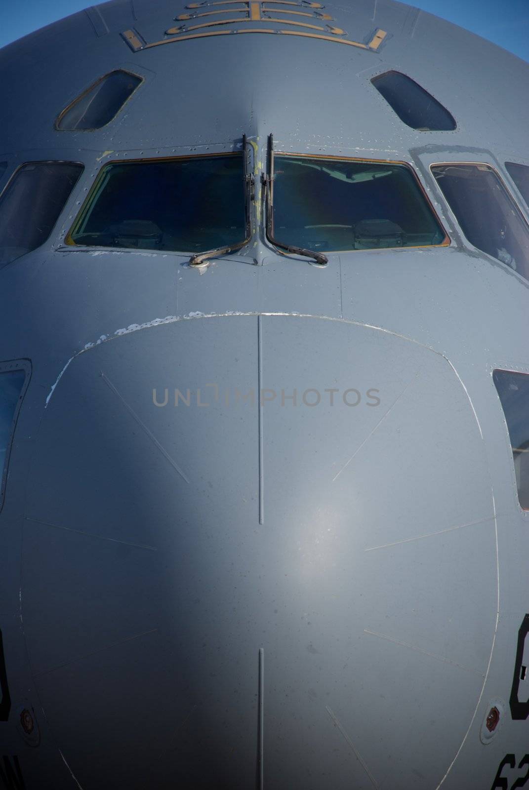 A close-up showing the nose of an Air Force cargo jet