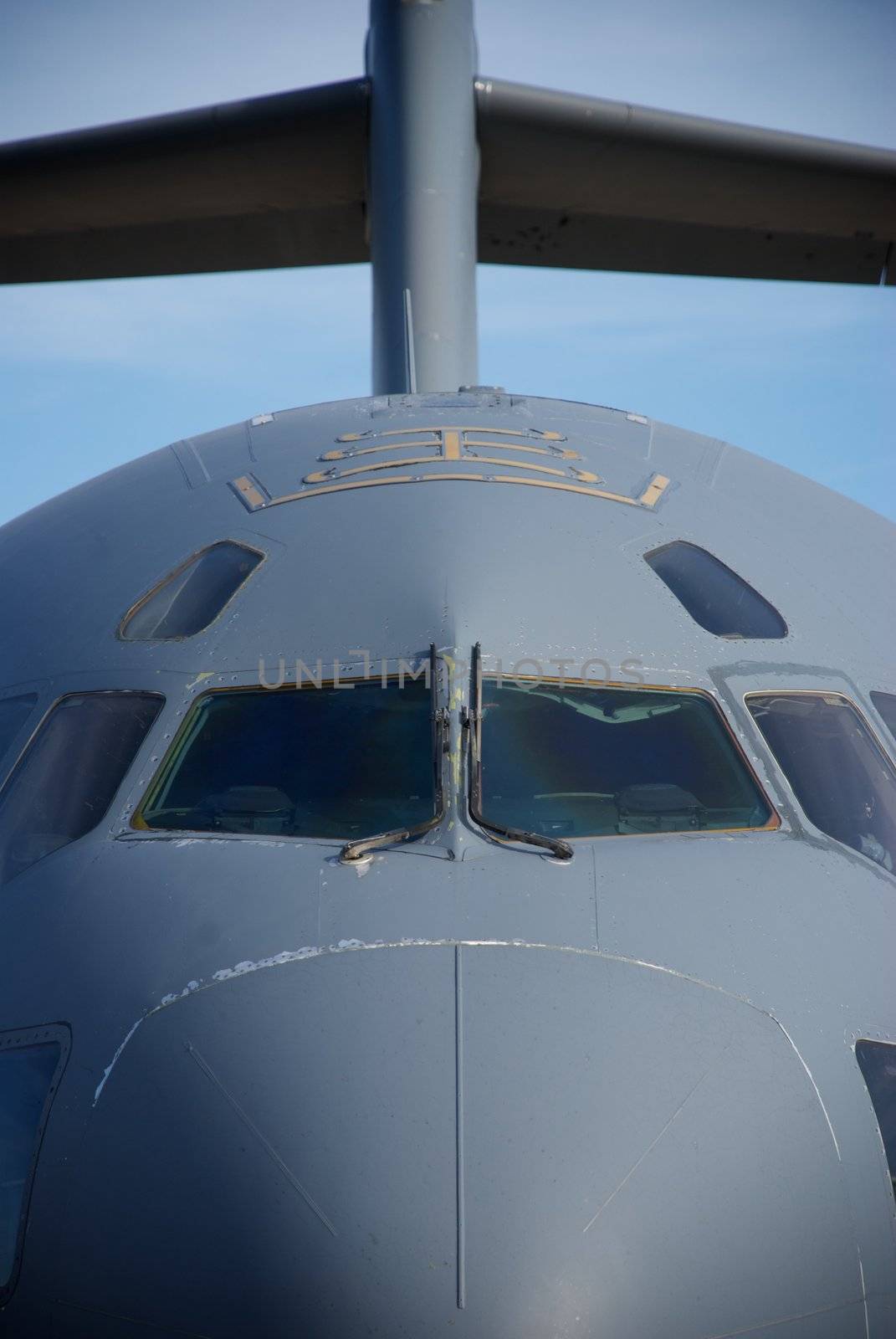 A close-up showing the nose and tail of an Air Force cargo jet