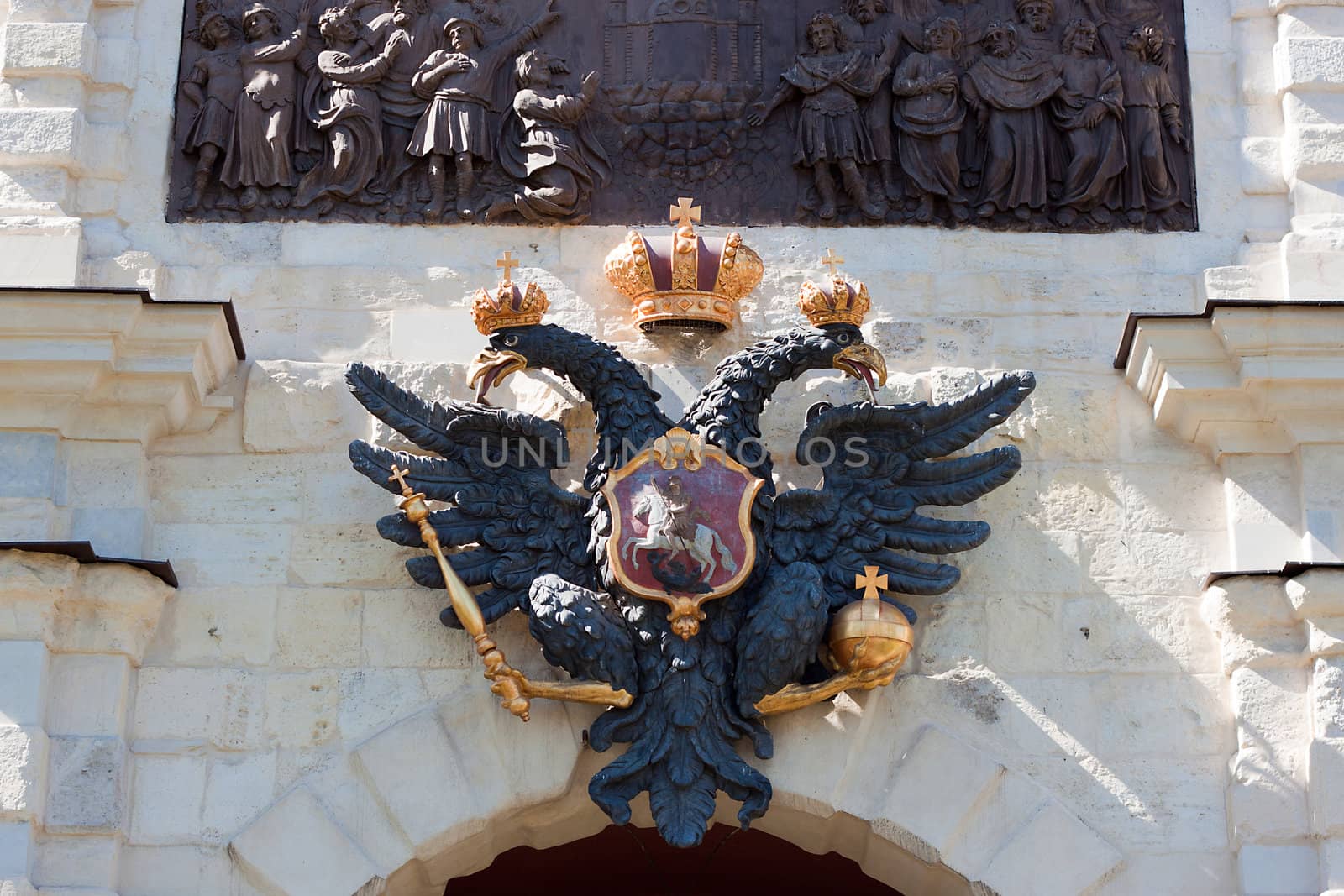 Coat of arms of Russian empire above the Petrovsky gates of Peter and Paul fortress