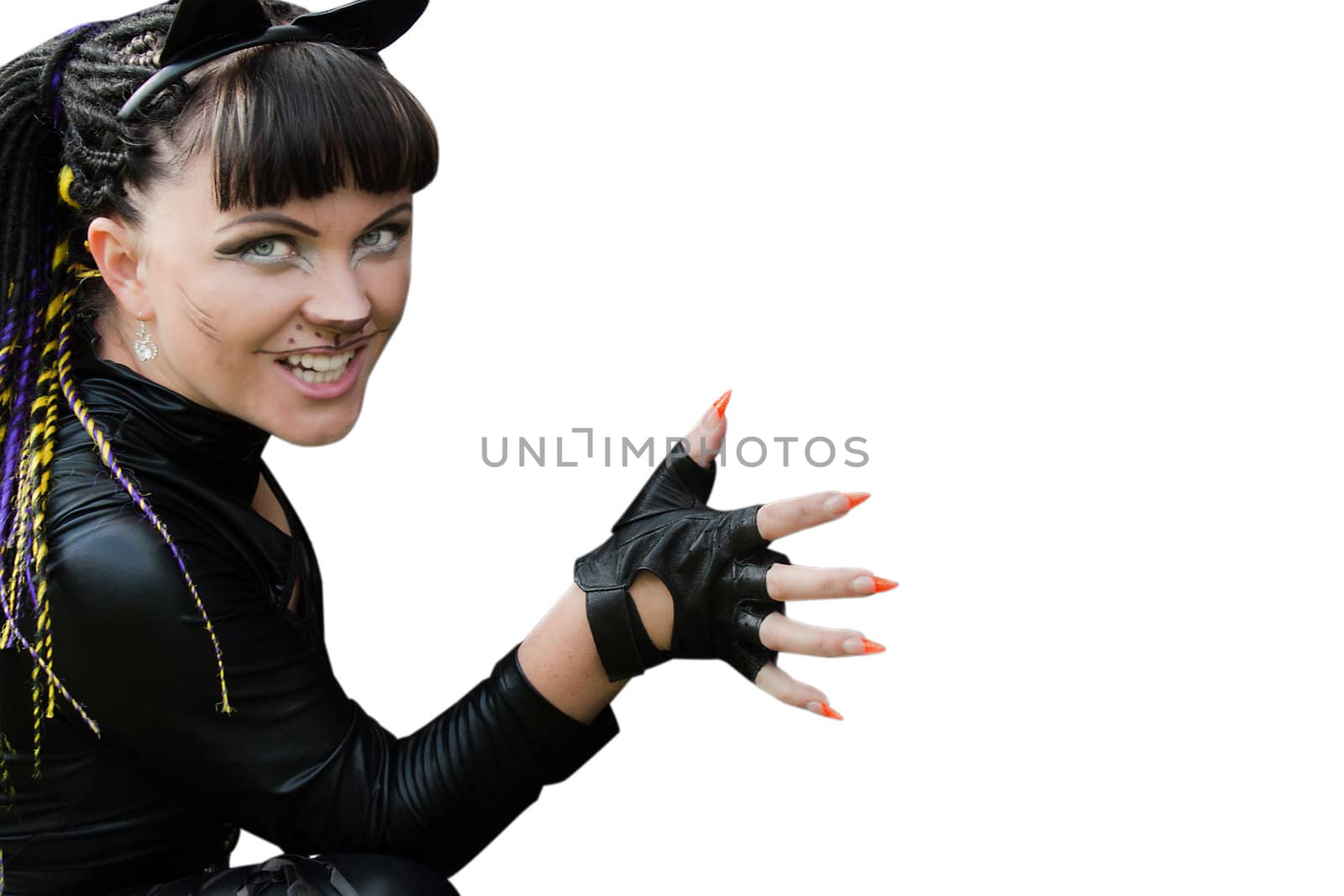 We see hot beautiful lady in latex cat costume isolated on white