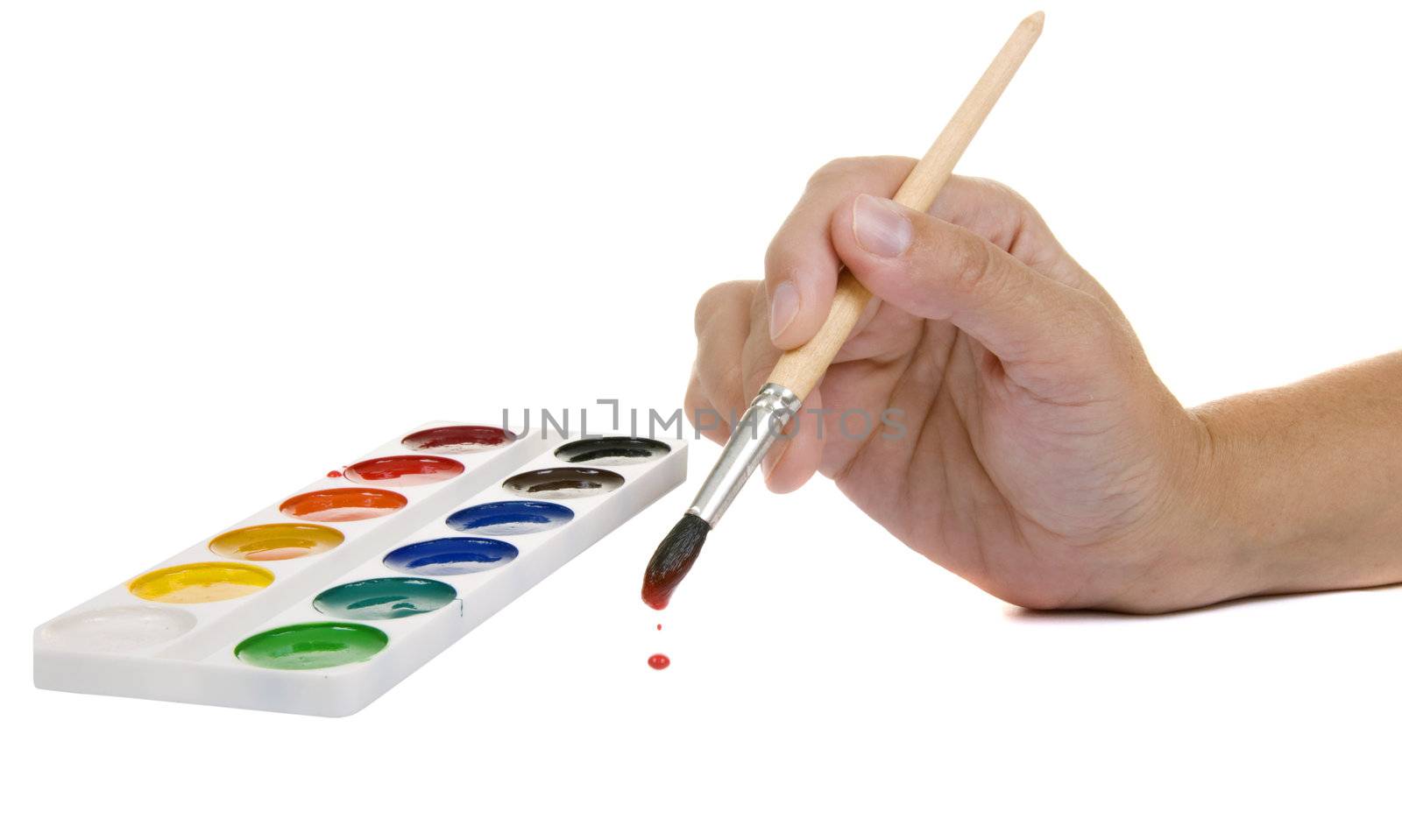 watercolors and hand with a paintbrush on a white background