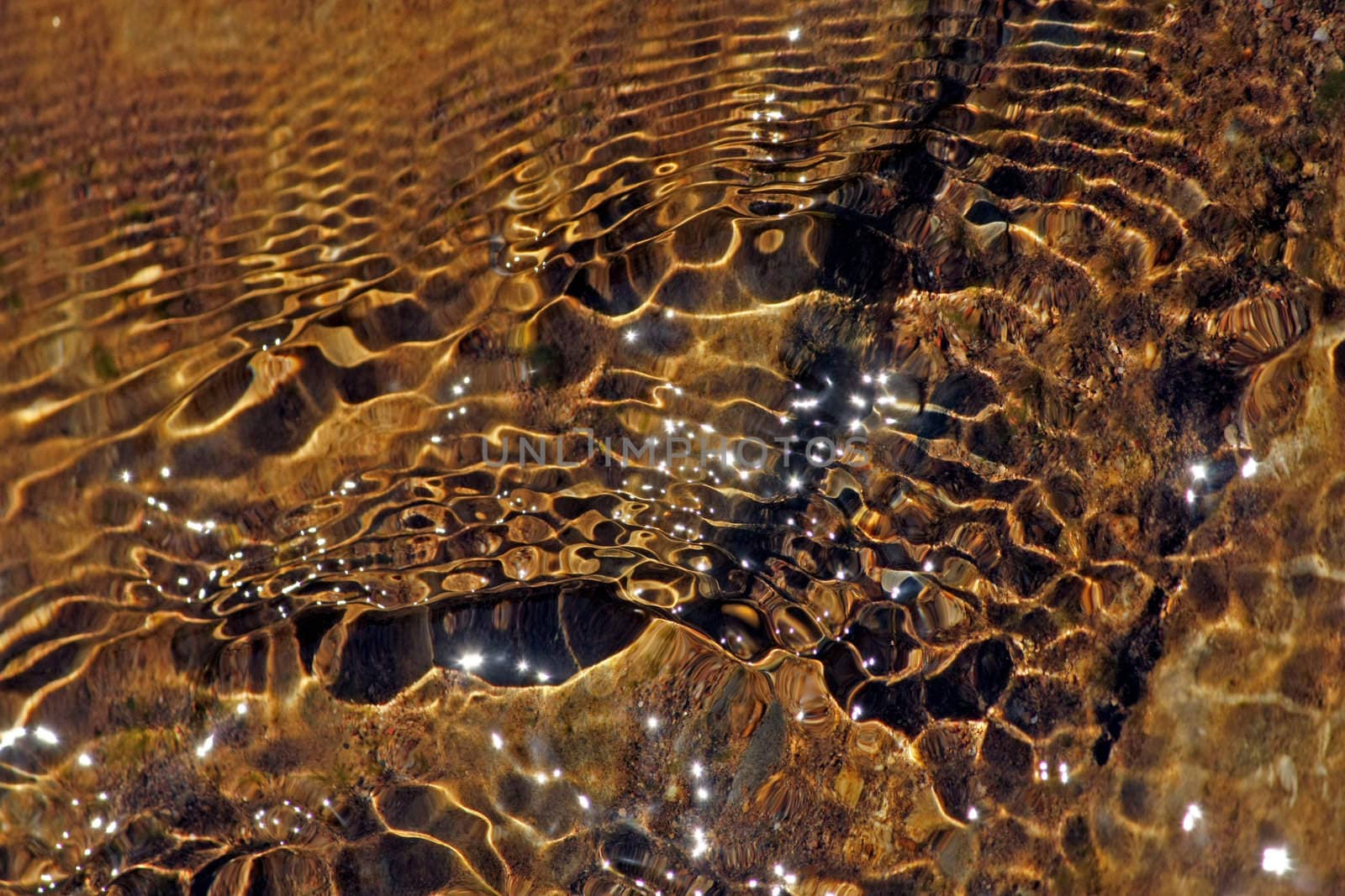 Close view of reflections of the water waves on the stream of a river.