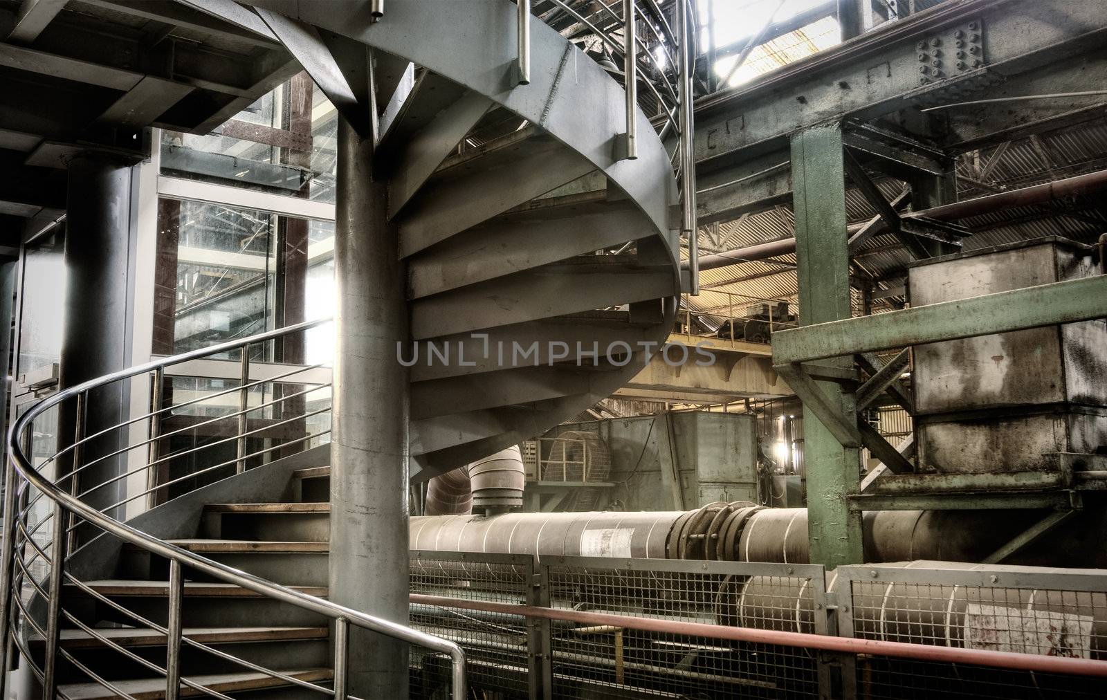 Stair of circle in abandoned factory with nobody.