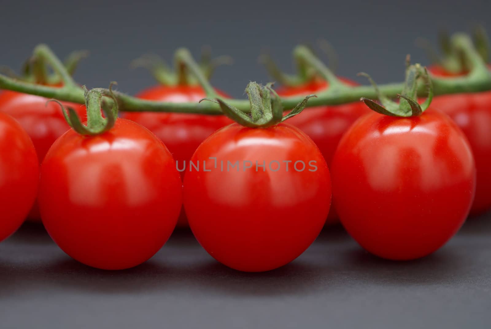A branch of cherry tomatoes on a black background.