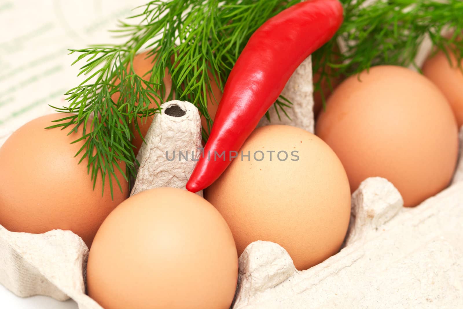 A few eggs wiht chili pepper and dill in a carton 