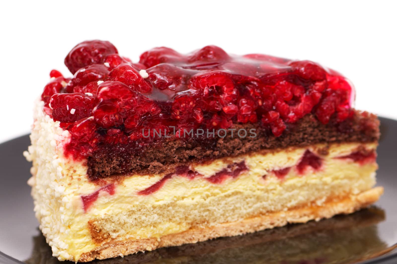 Raspberry cake close-up on a plate