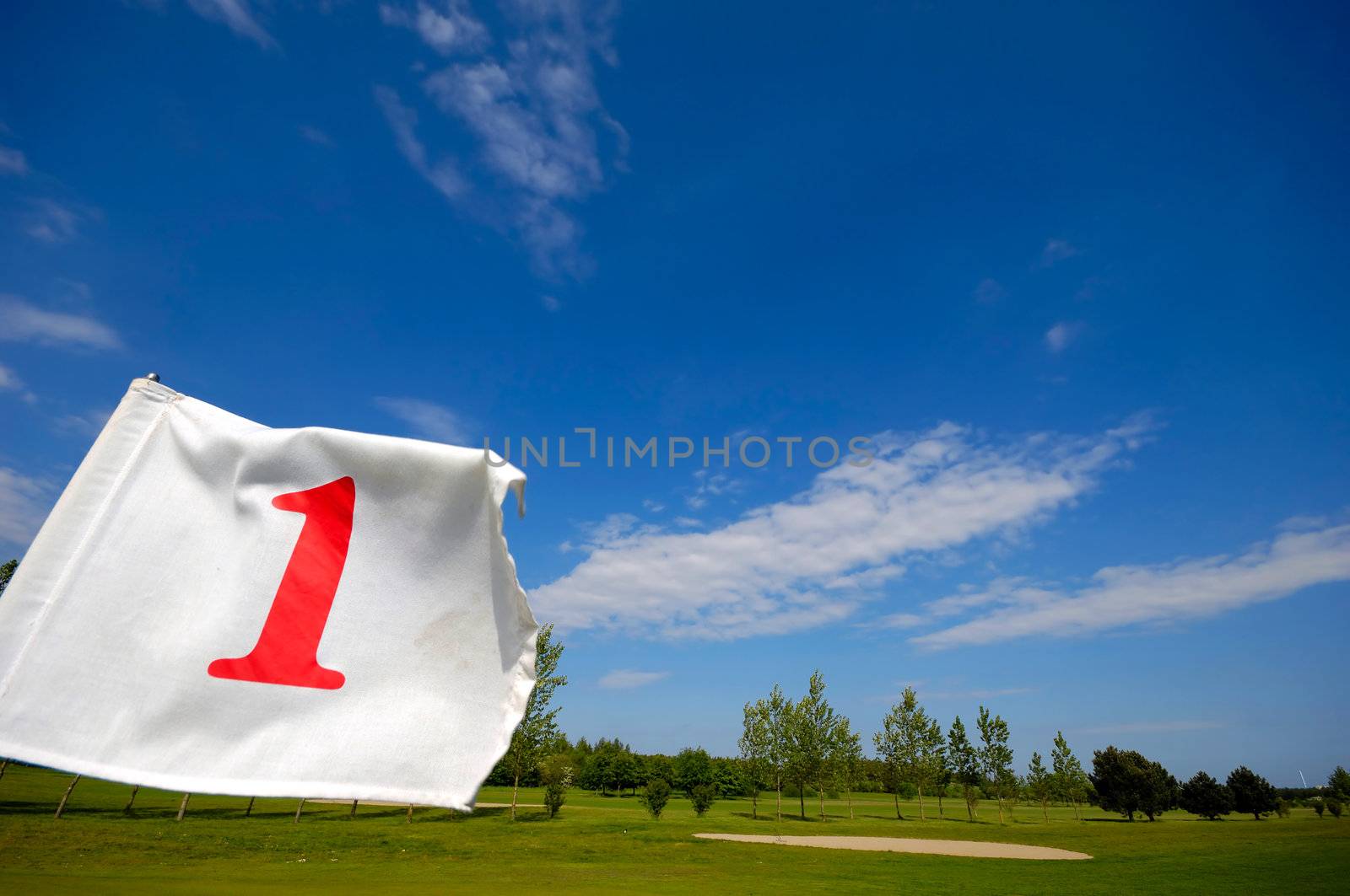 Closeup of a golf flag number one.