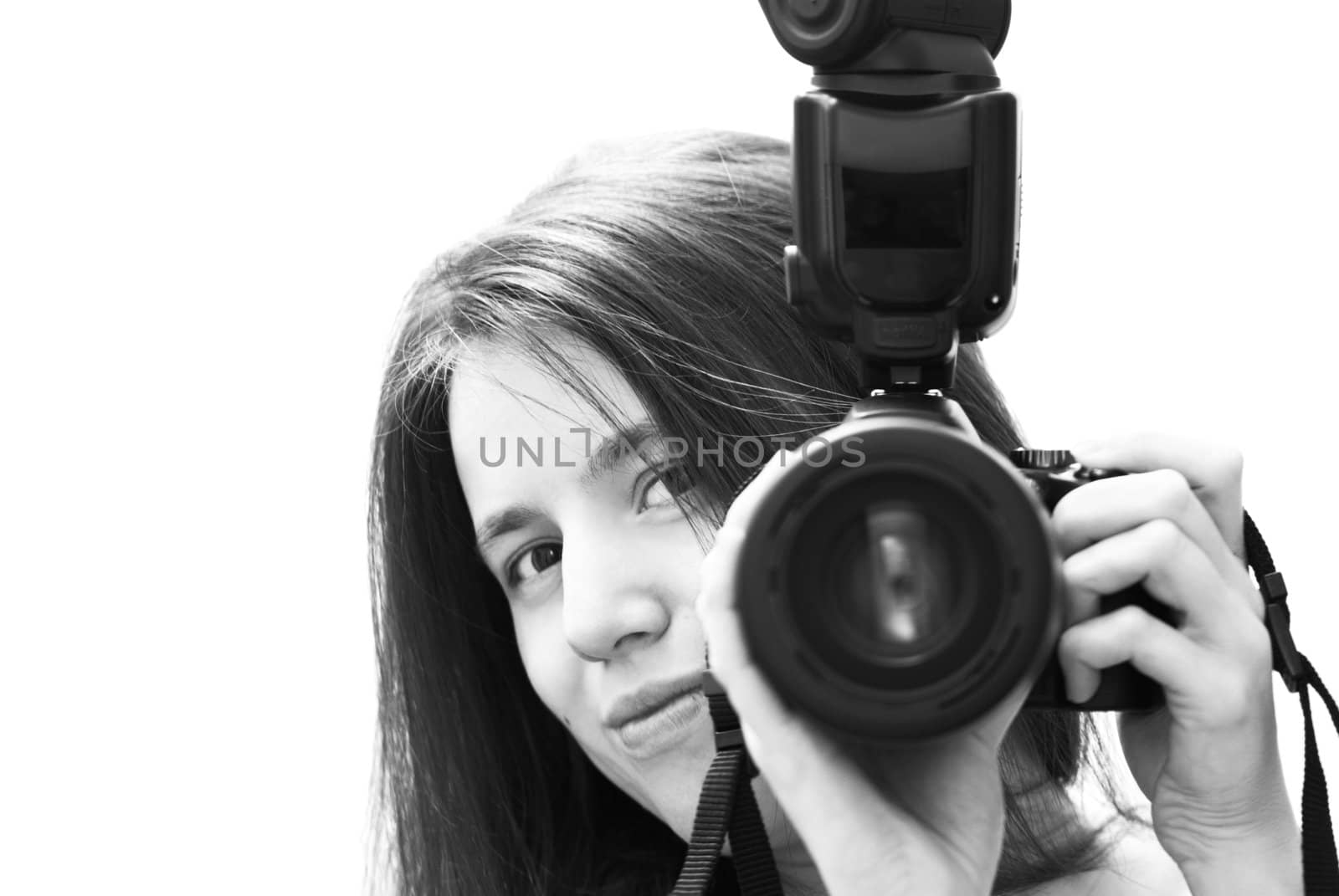 Young girl with camera in black and white