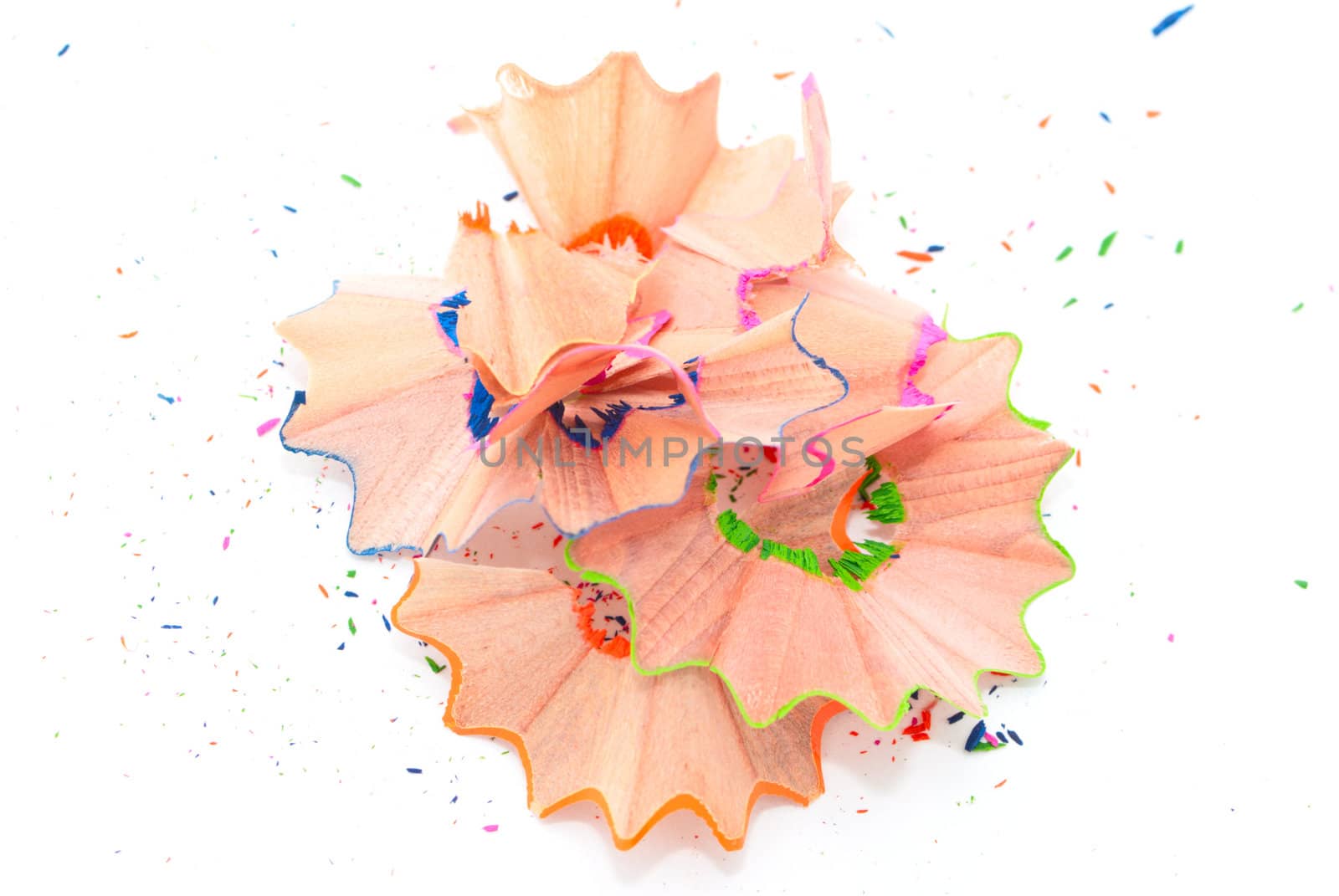 Colored pencil shavings isolated on white