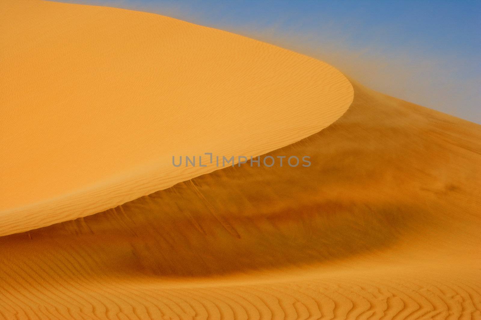 Wind blowing on a dune in the Rub al Khali or Empty Quarter. Straddling Oman, Saudi Arabia, the UAE and Yemen, this is the largest sand desert in the world.