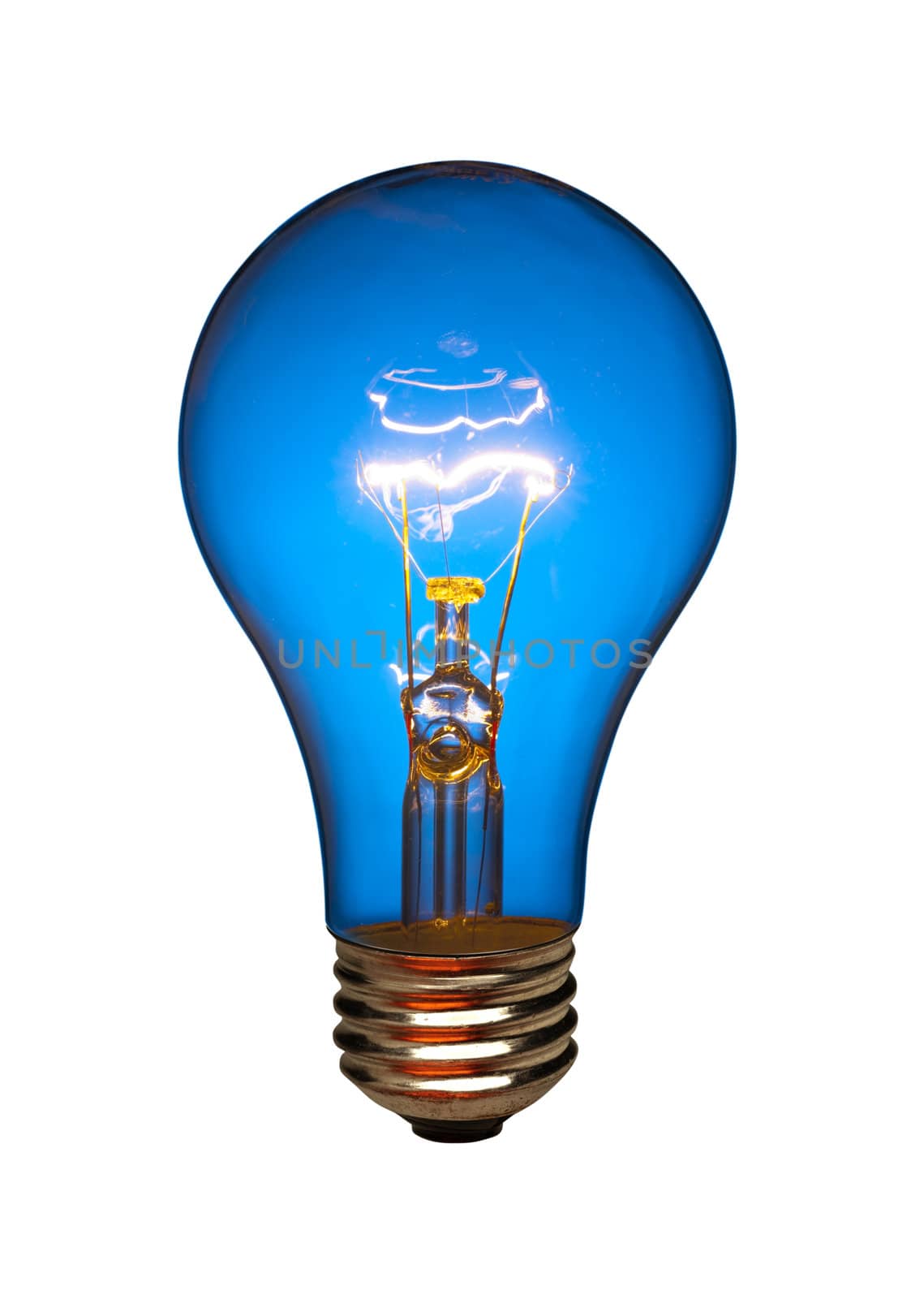 Clear light bulb back lit by a blue light and turned on, isolated with clipping path