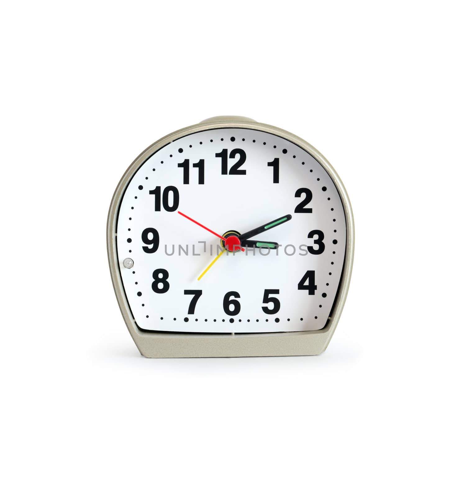 Ordinary modern alarm clock on white background. Isolated with clipping path