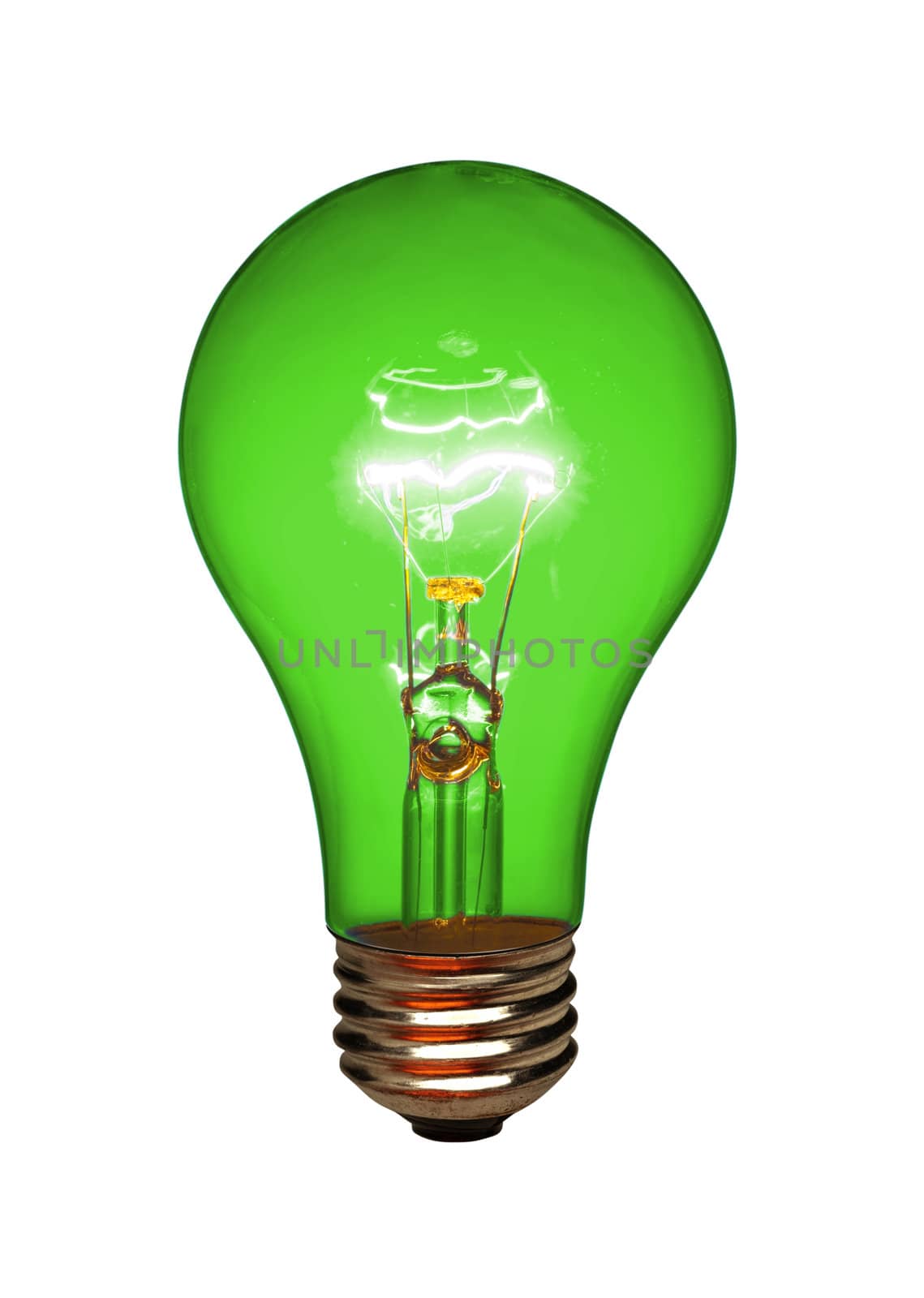 Green light bulb on white, isolated with clipping path