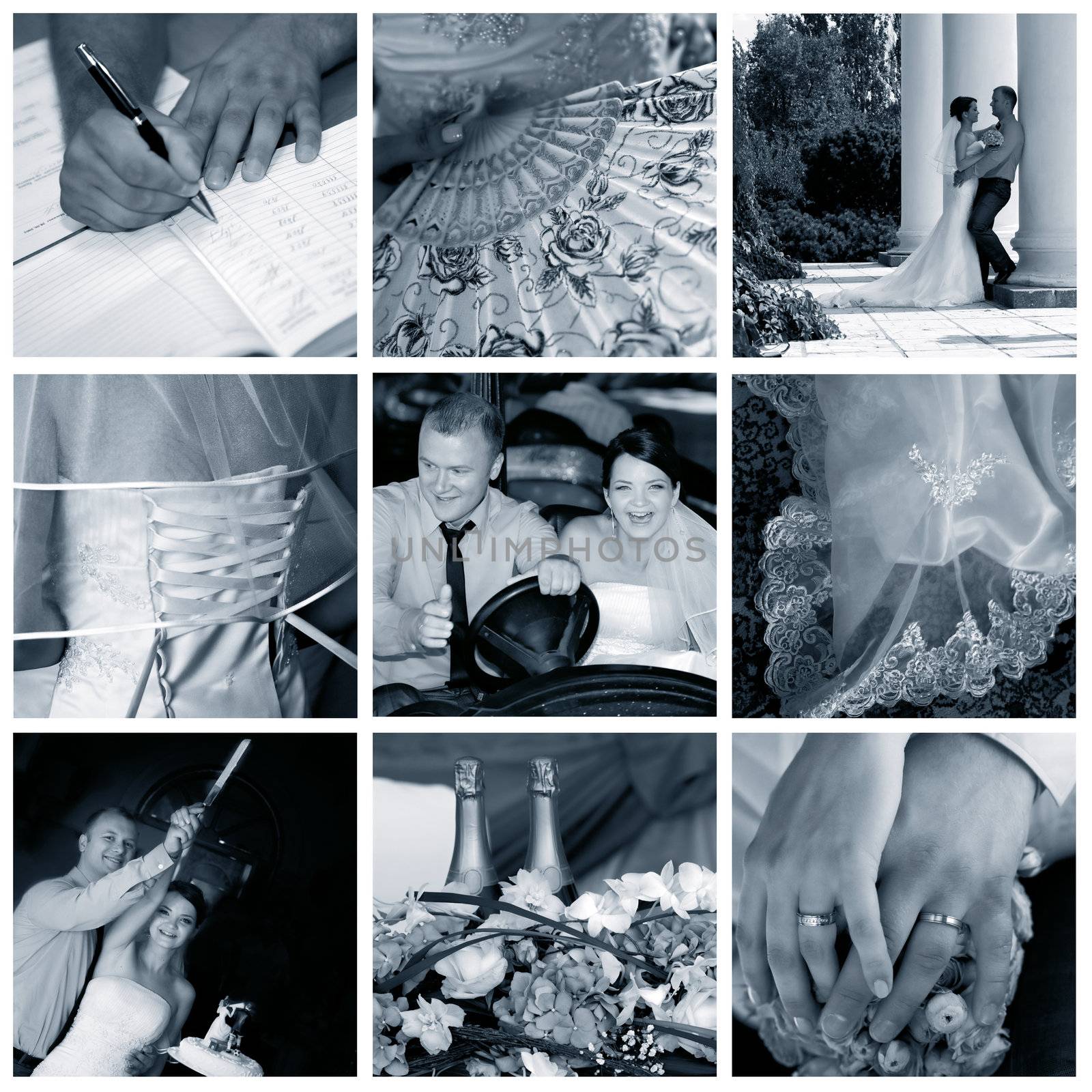 Collage of nine wedding photos in gentle - blue tone