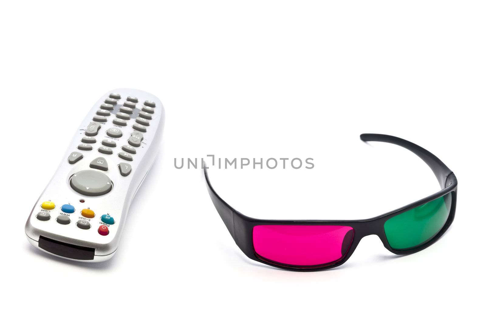 A pair of anaglyph 3D glasses and remote control on a white background.