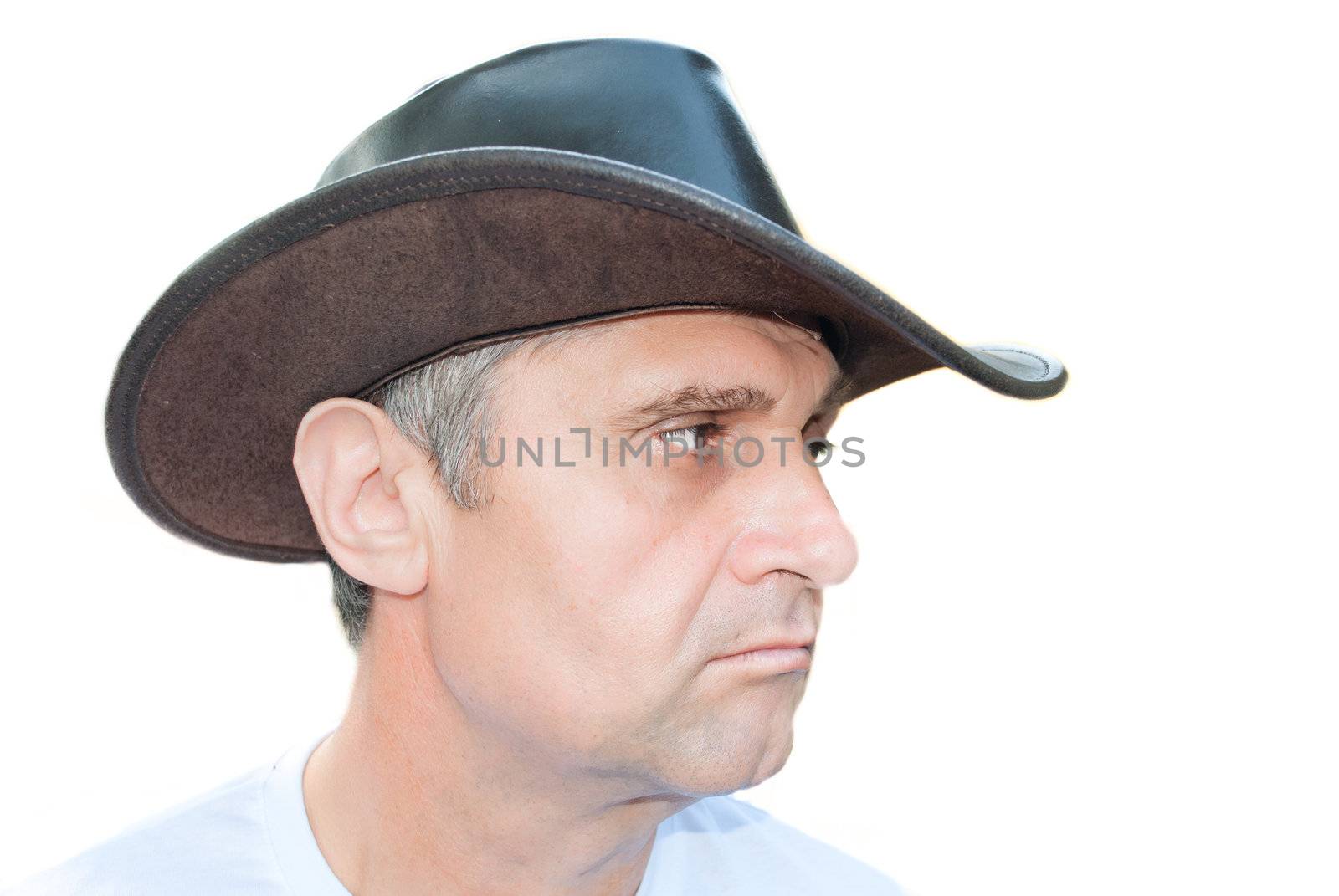 Portrait of a man with cowboy hat isolated on white