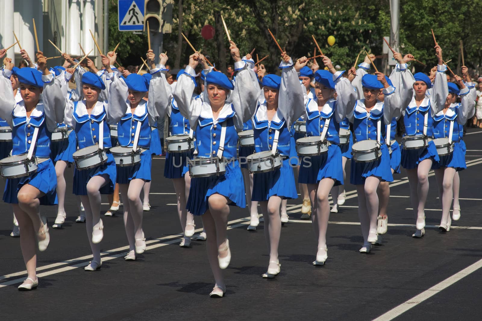 Drummers in the blue form march along the street, town Gomel, Belarus, 9 may 2009
