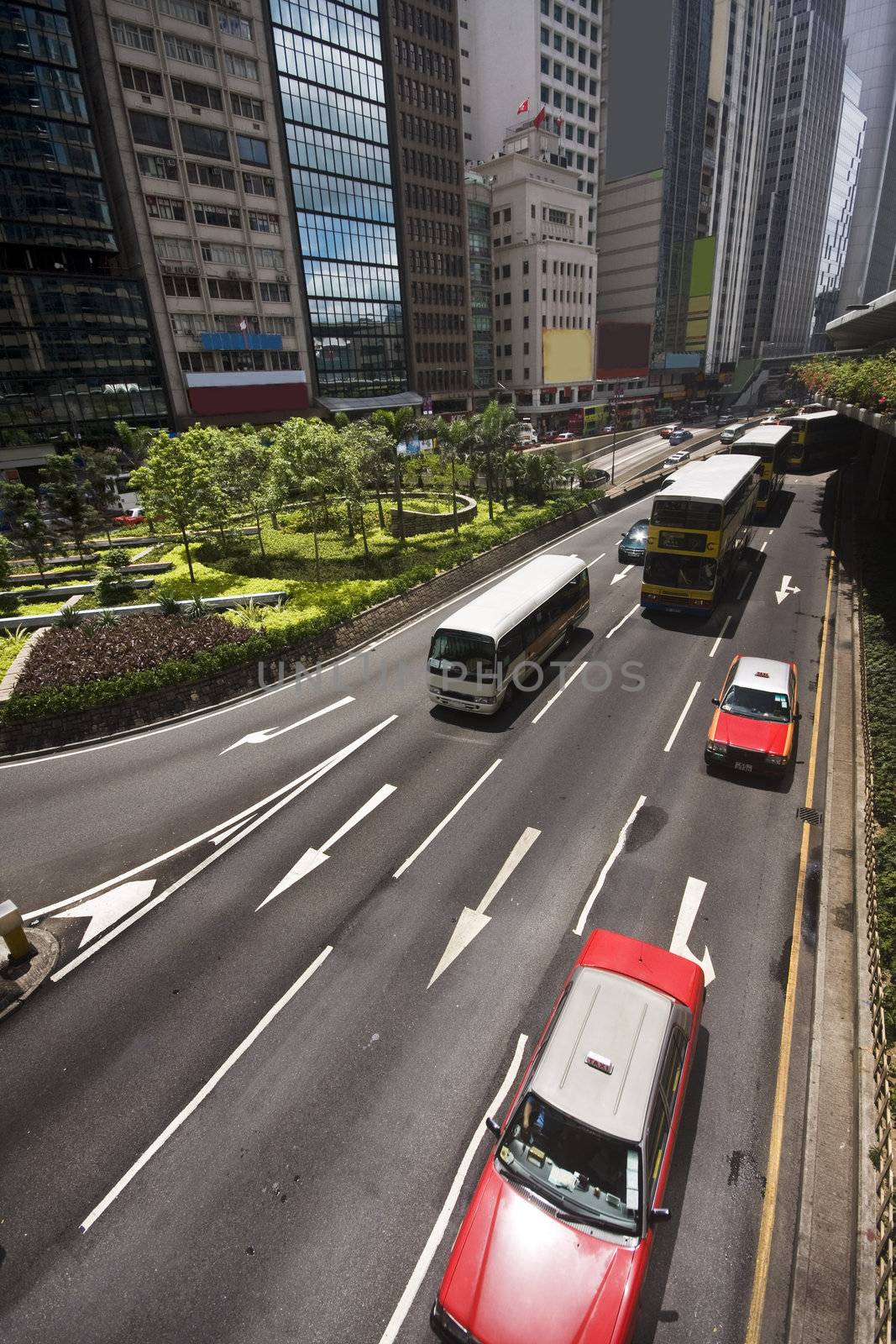 traffic day in hong kong and modern building