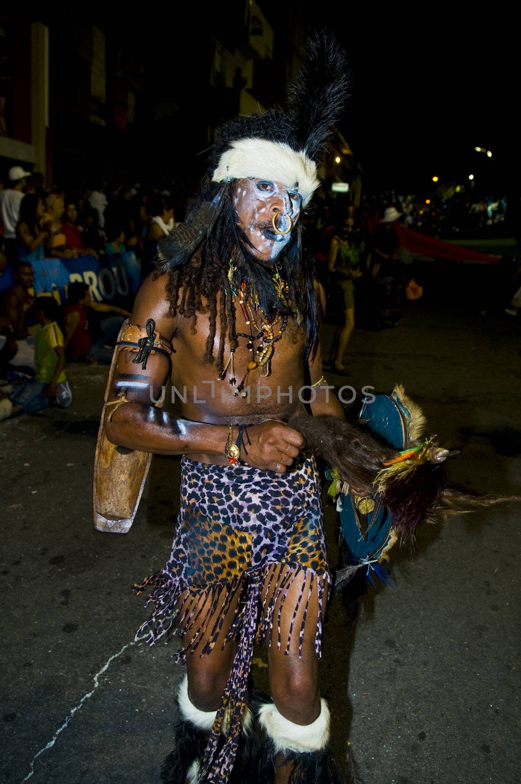 MONTEVIDEO, URUGUAY - JANUARY 31 2010 : A costumed carnaval participant in the annual national festival of Uruguay ,held in Montevideo Uruguay on January 31 2010 