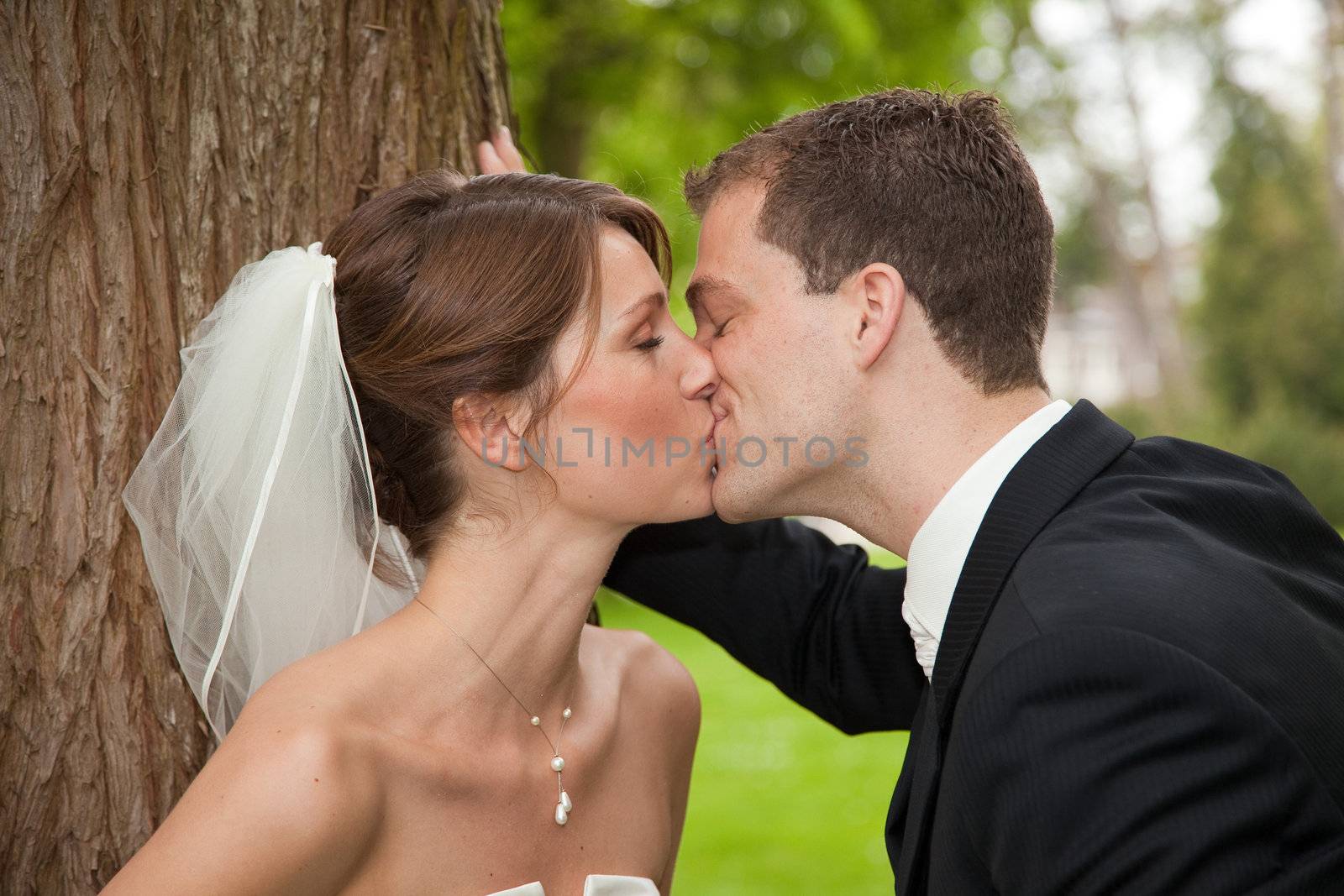 Beautiful bride and groom kissing each other with passion
