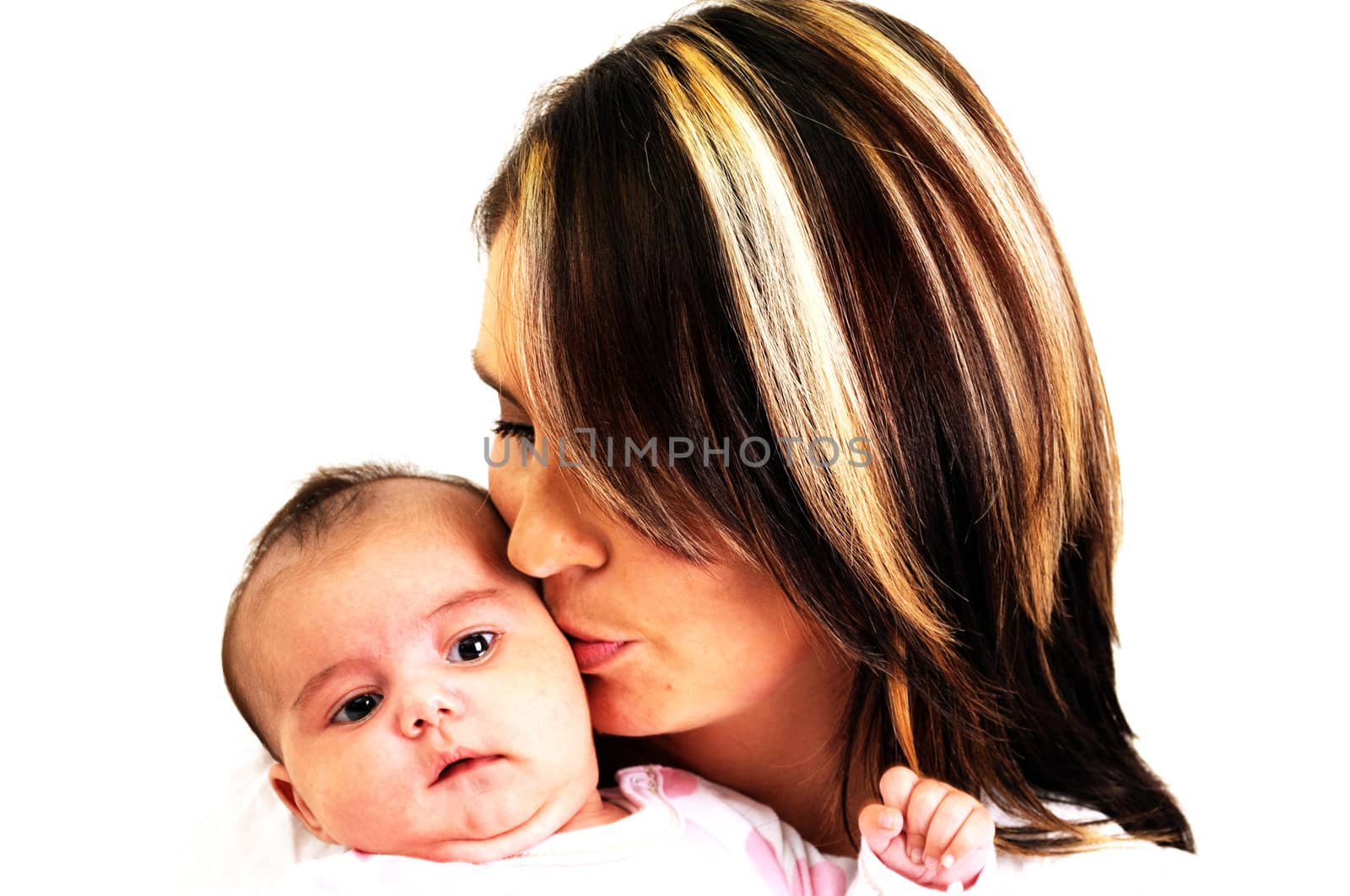 young mother and baby daughter hugging and kissing by Ansunette