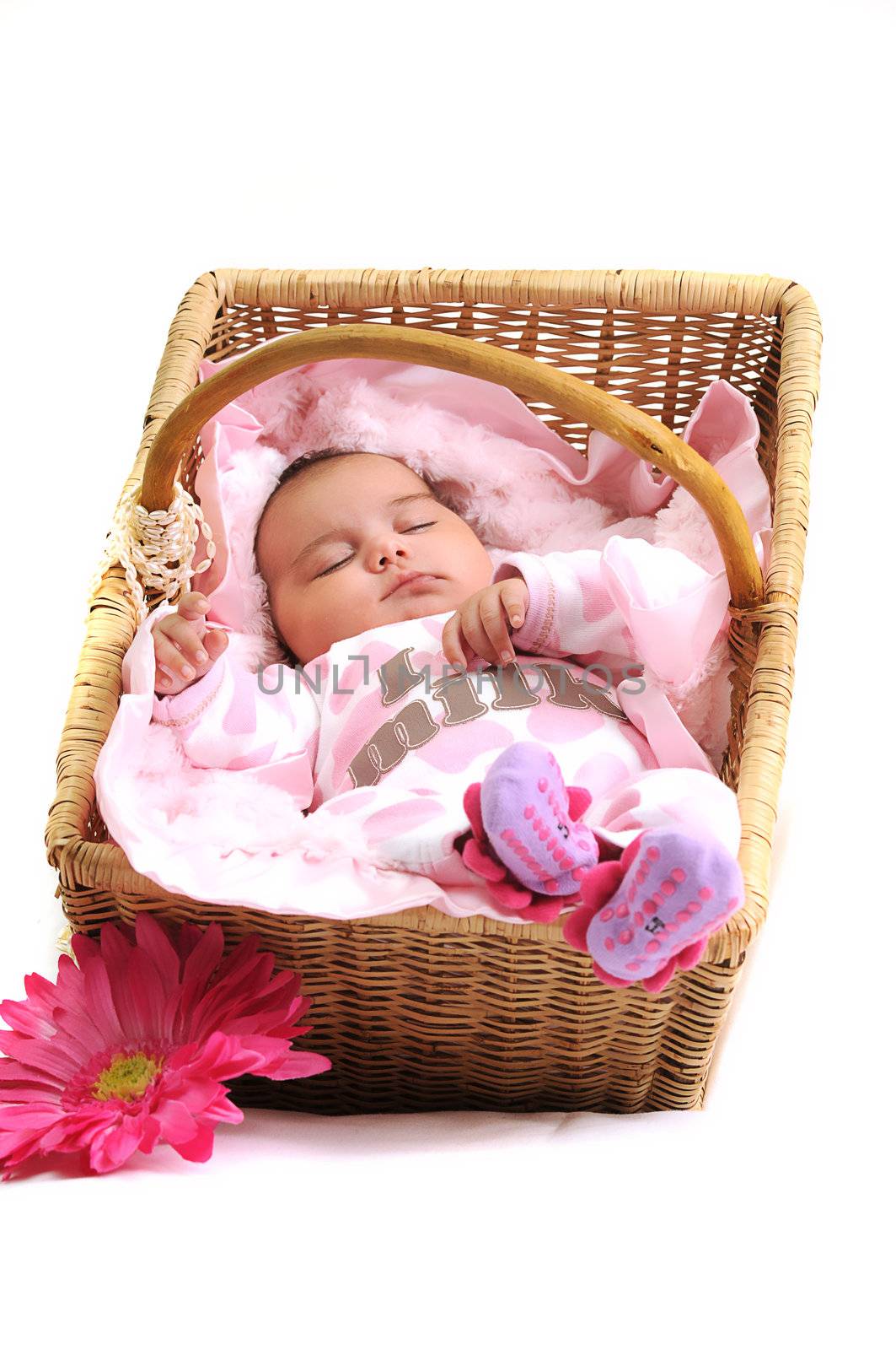 baby girl laying in a basket, white beads and big pink flower by Ansunette