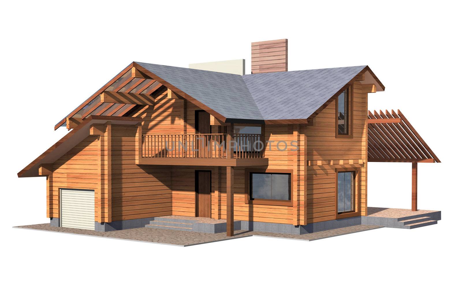 Residential house of wooden timber. 3d model render. Isolation on white background. Real estate