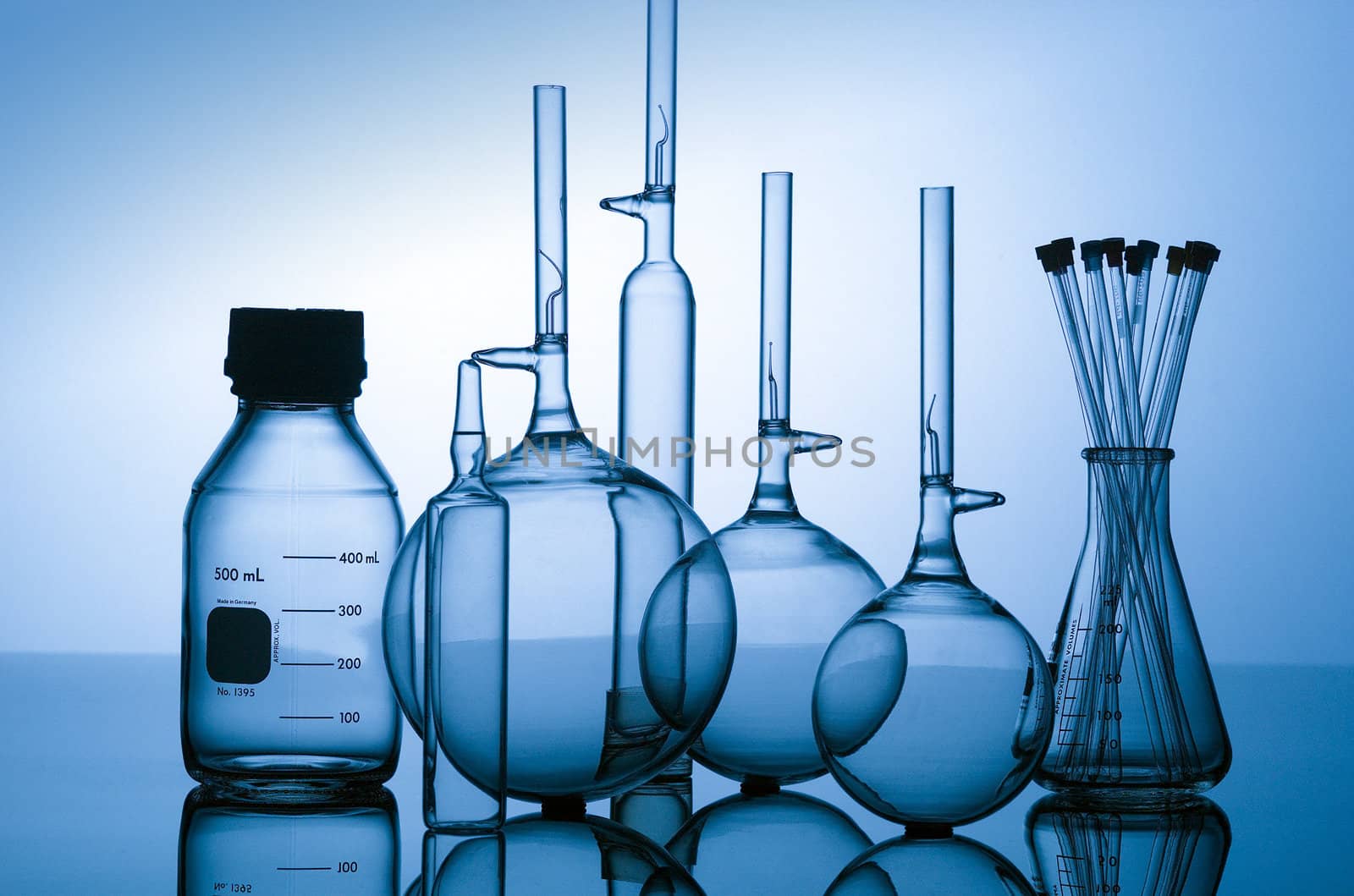 Chemical glass flasks and beakers used in the pharmaceutical industry