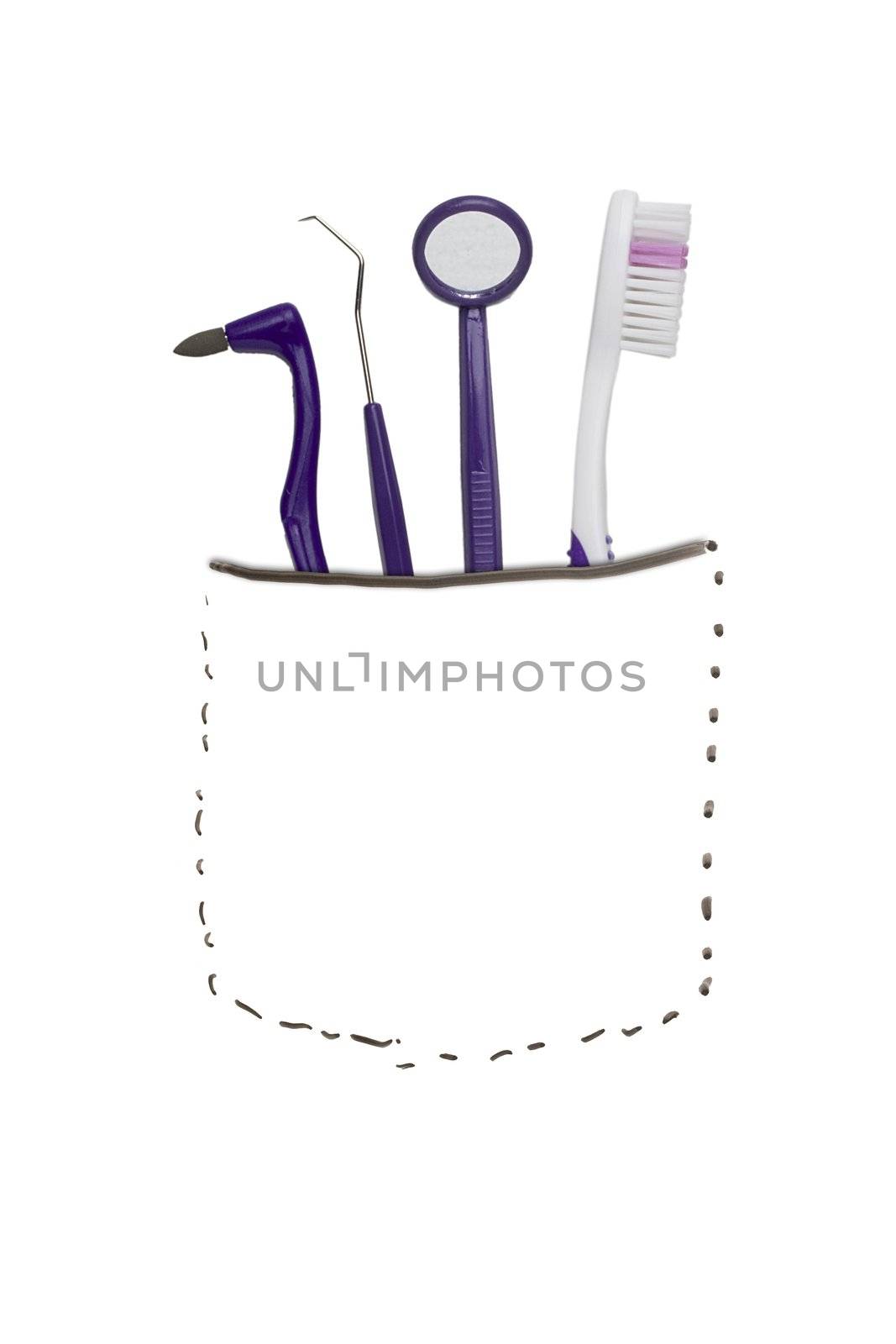 Purple dental tools in a drawn pocket. Add your text to the pocket.