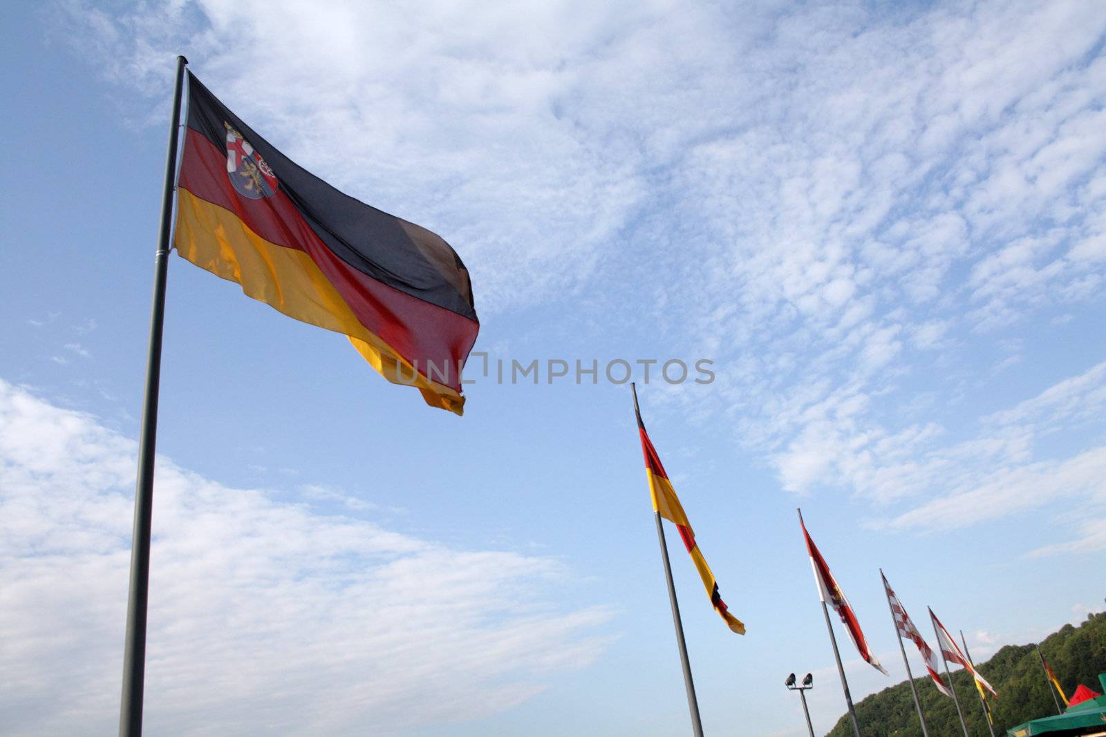 Rhineland-Palatinate flag waving among others state flags on the German Corner in Koblenz, Germany.