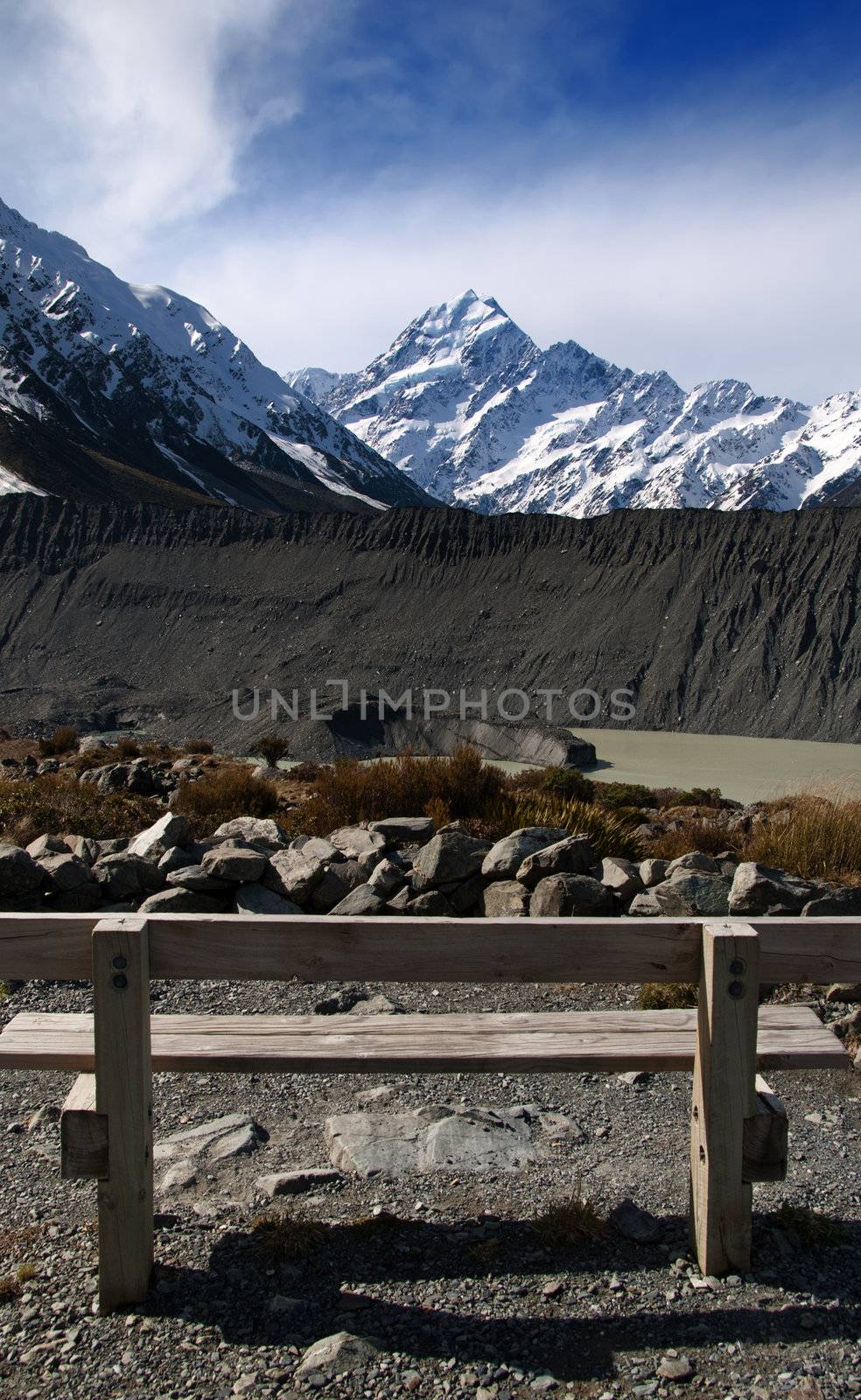 Park Bench looking out to Mount Cook in New Zealand.