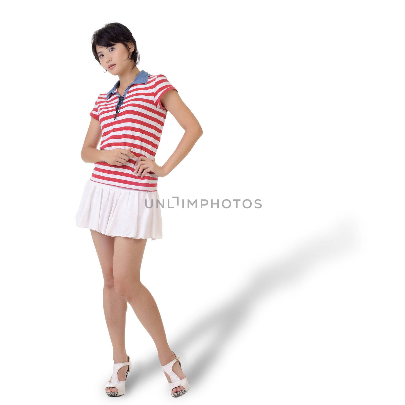 Full length portrait of Asian beauty isolated on white background.