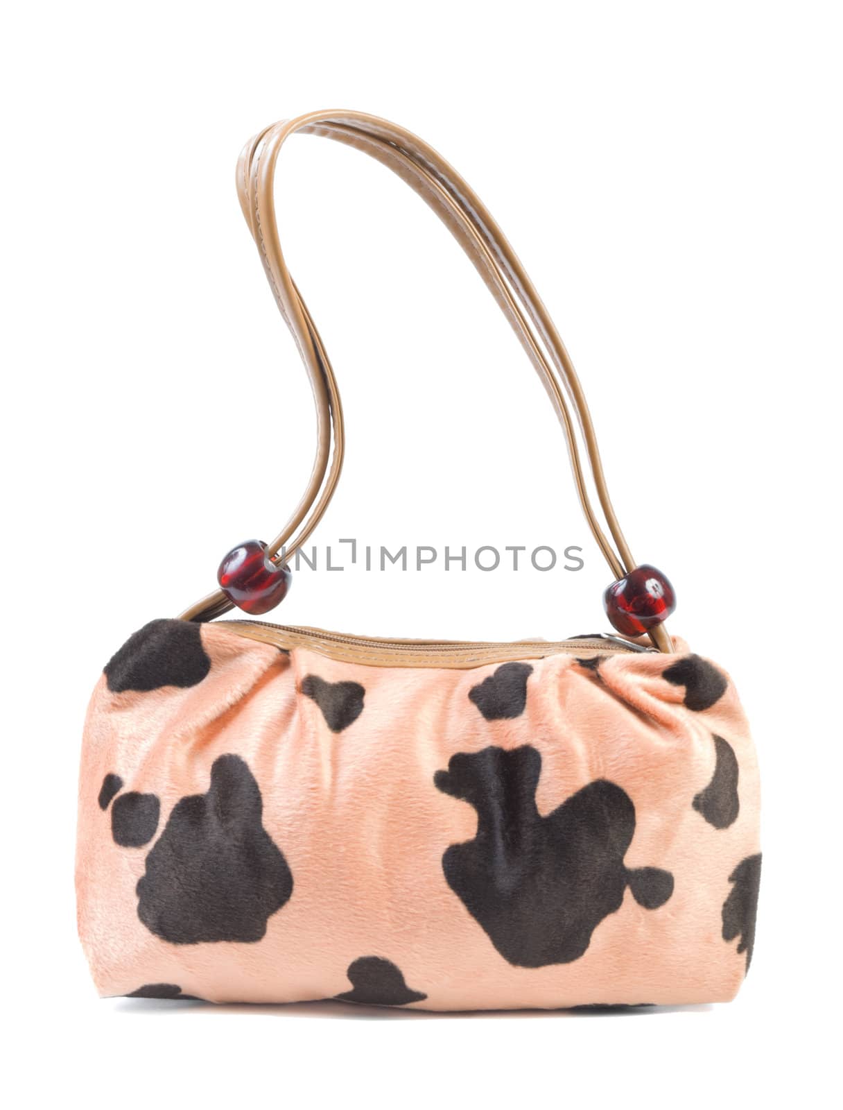 Pink female handbag with spots. Isolated on white background