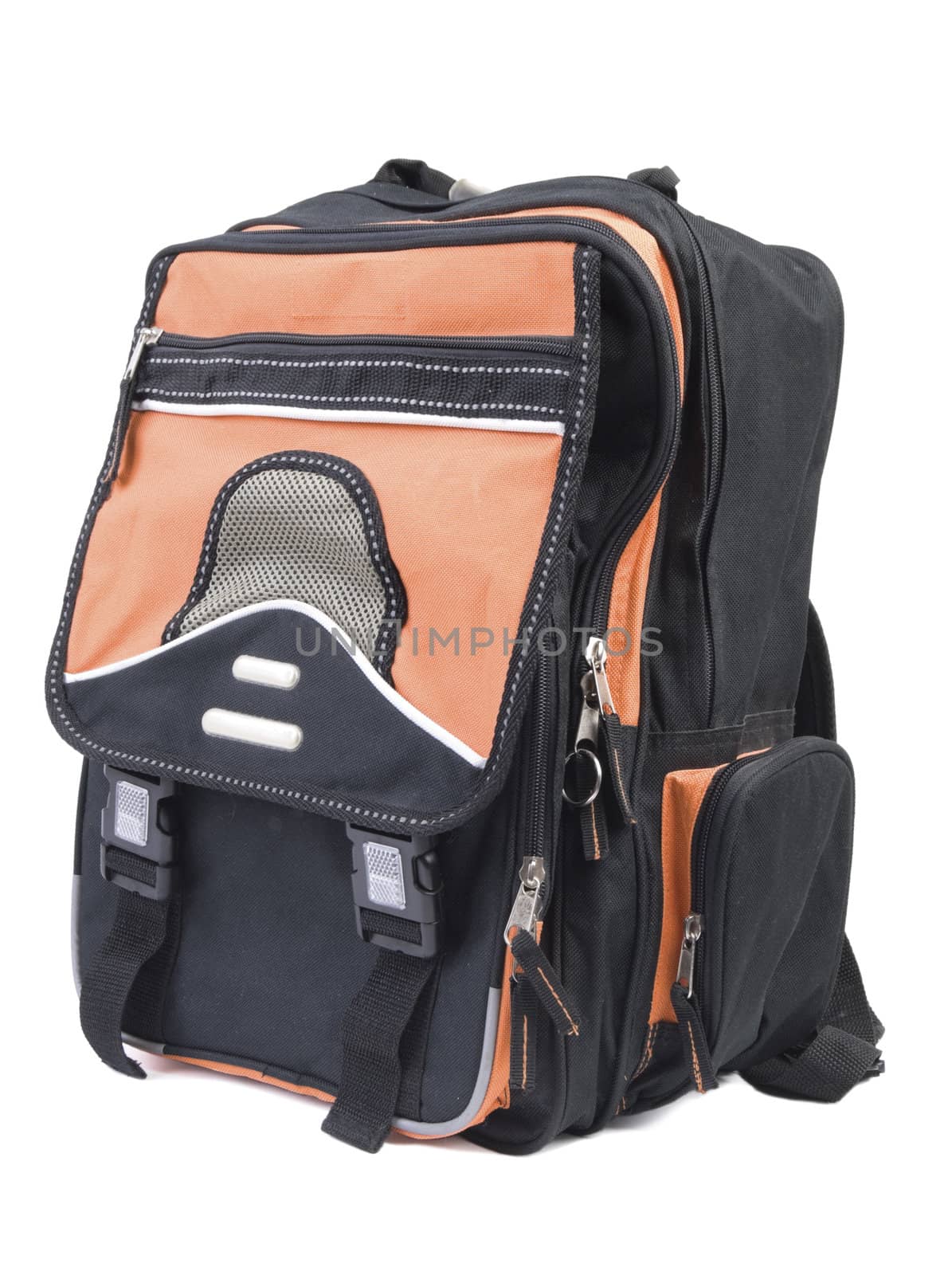 Black backpack with orange details. Isolated on white background