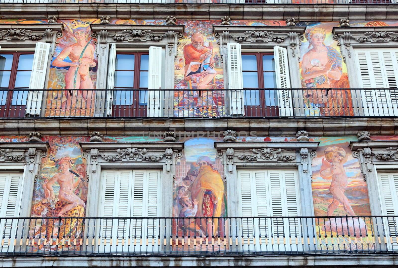 Madrid - Plaza Mayor Bakery House, Casa De La Panaderia. Painted facade on the famous national landmark.