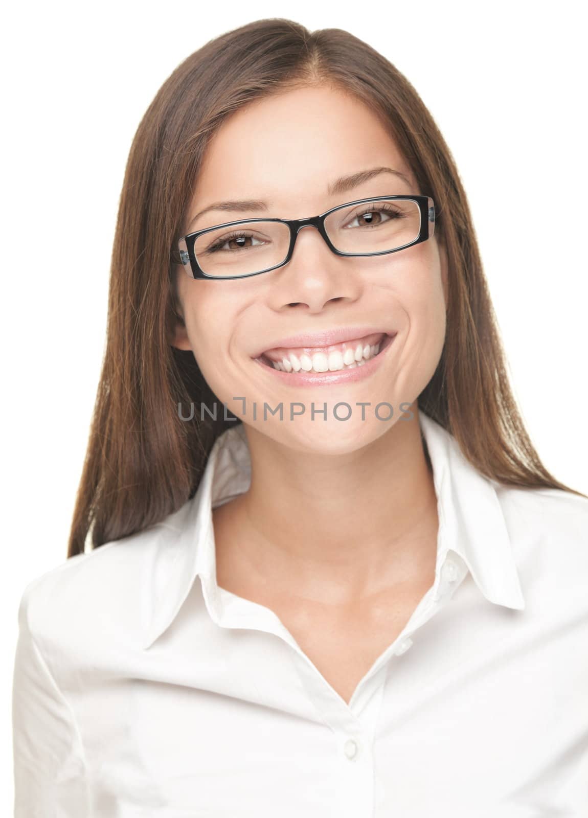 Portrait of smiling young professional woman wearing glasses. Closeup portrait of beautiful happy Chinese Asian / Caucasian female model.