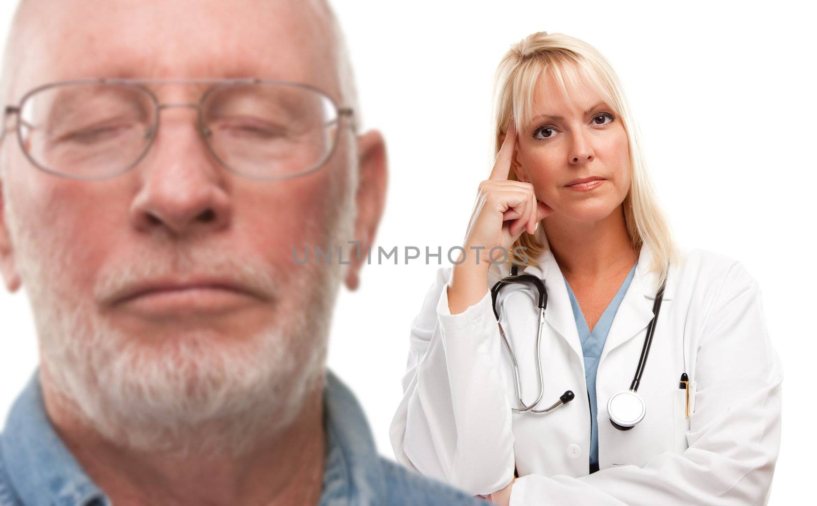 Concerned Senior Man and Female Doctor Behind with Selective Focus the Doctor.