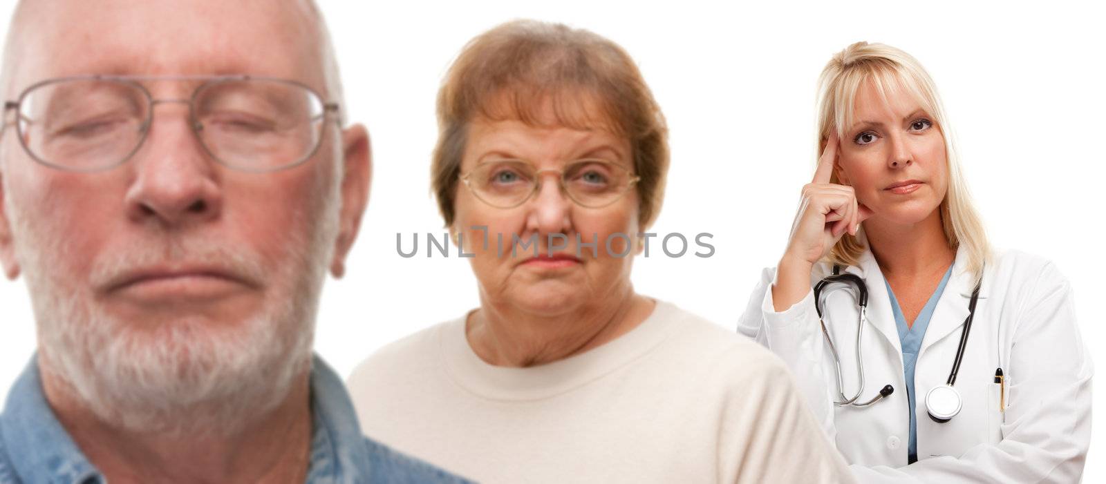 Concerned Senior Couple and Female Doctor Behind with Selective Focus the Doctor in the Back.