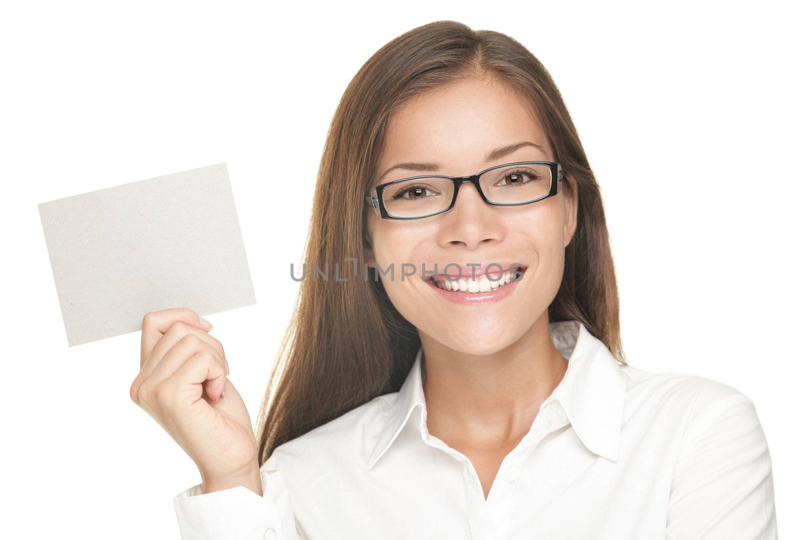 Woman showing blank sign smiling happy, Young casual professional with glasses showing empty card sign. Portrait of young professional Asian / Caucasian female model isolated on white background. 