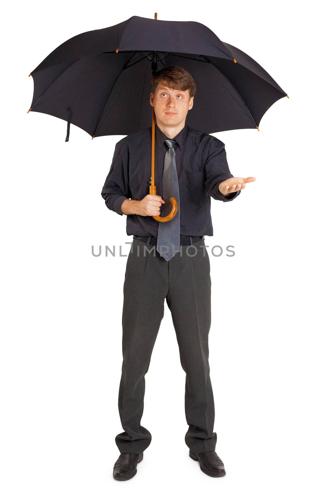 A person protected by a large umbrella from the rain