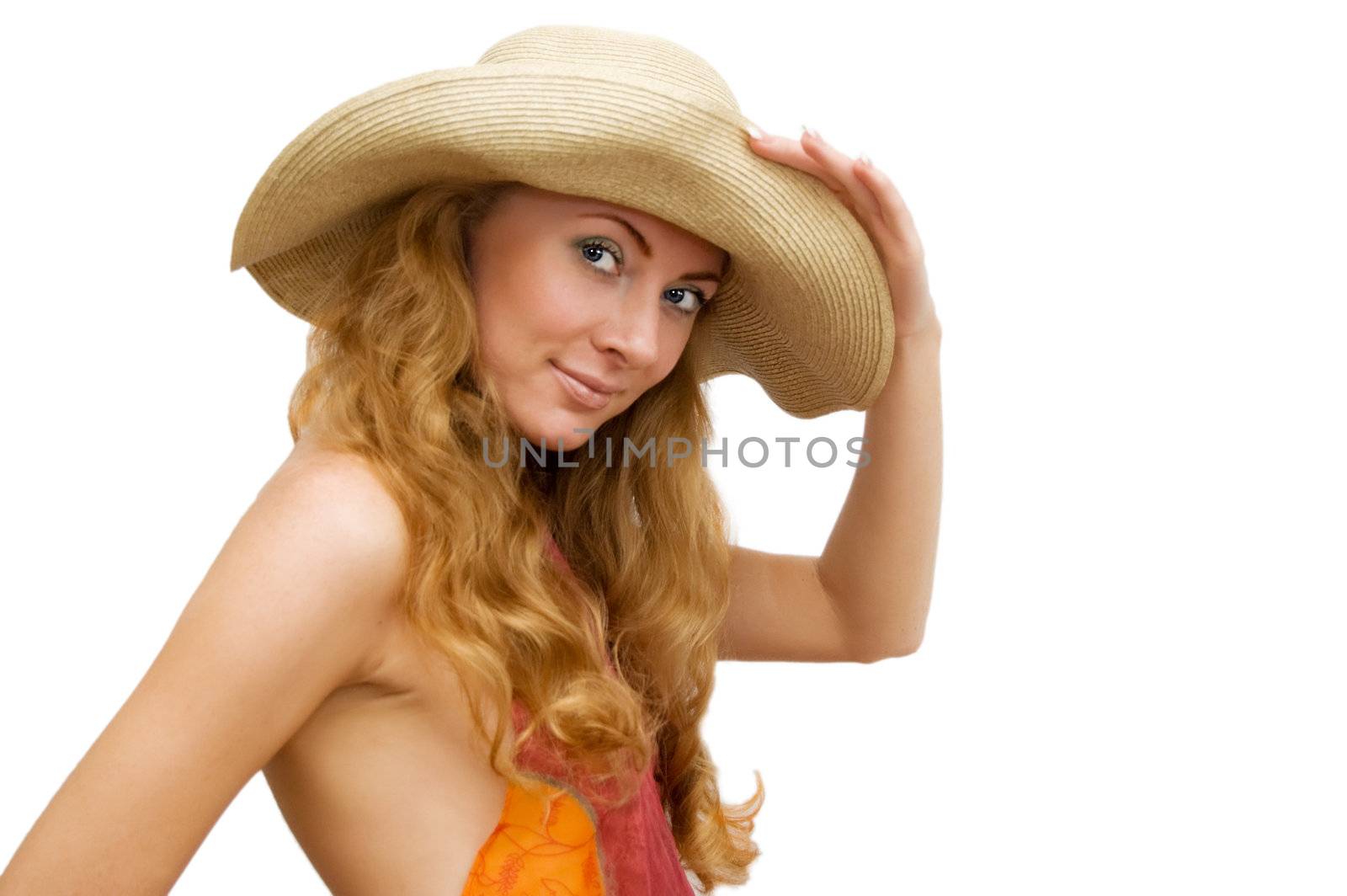 Red headed woman in hat isolated on white