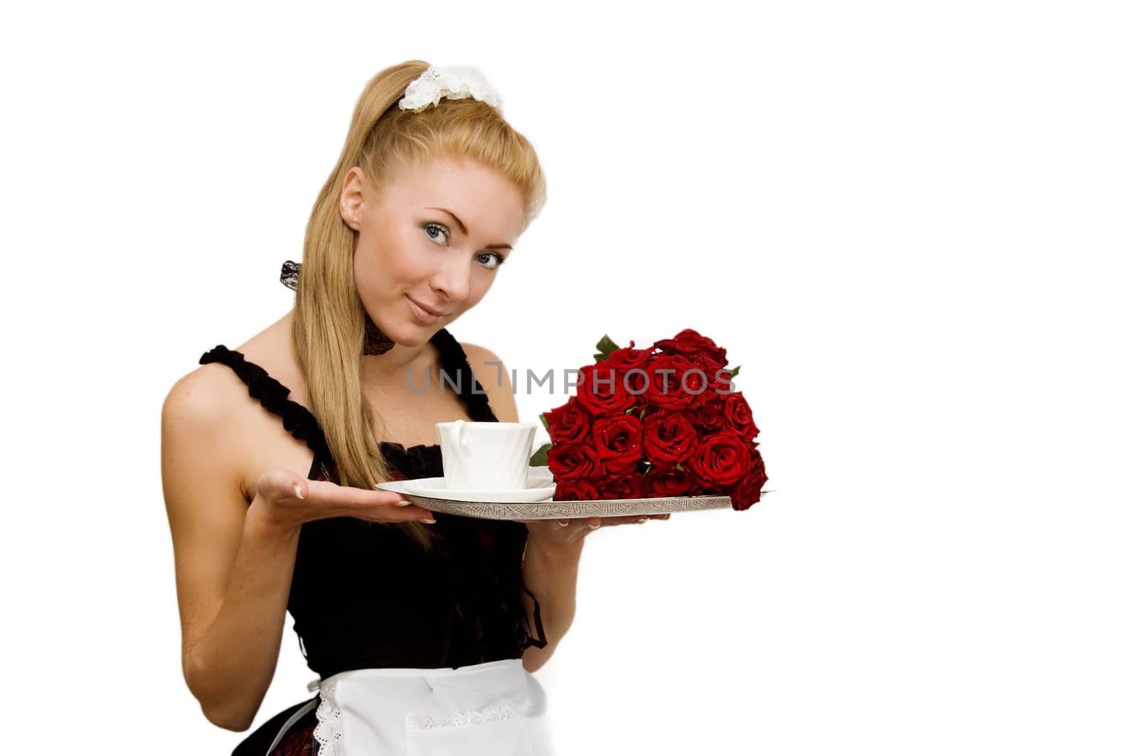 Waitress in uniform with tray and flowers isolated on white