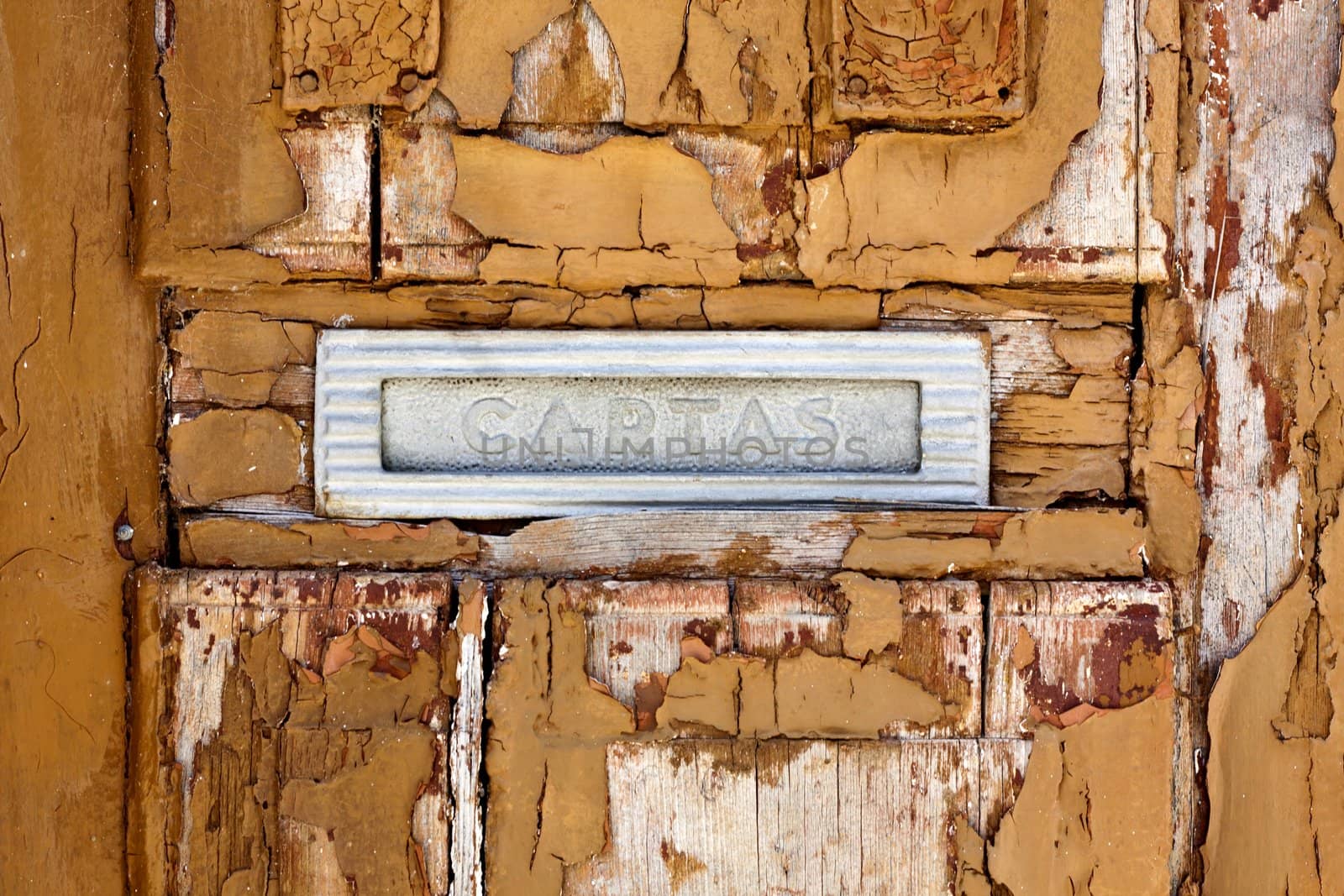 worn wooden door detail with mailbox. by membio