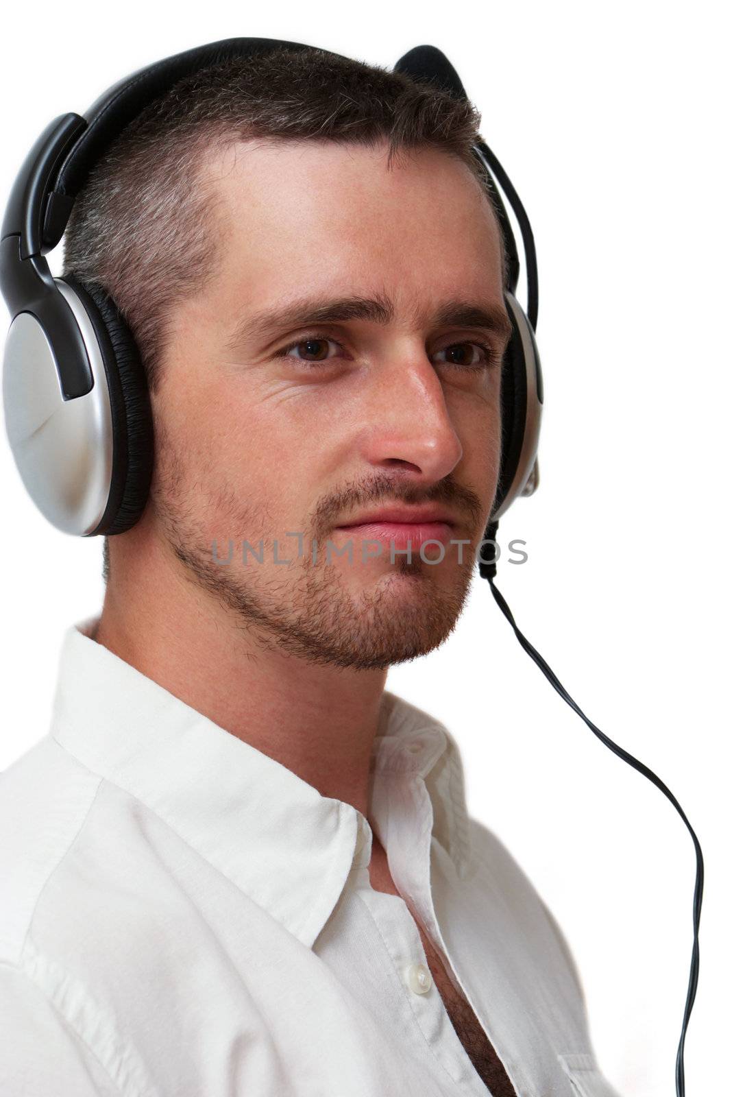 Young man with headset on white