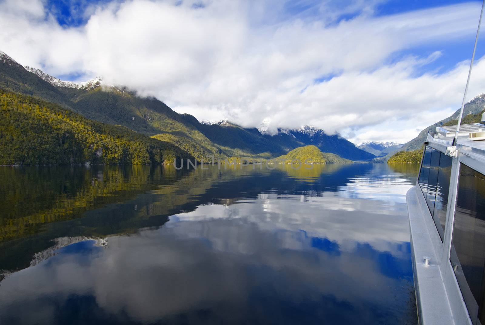 Boat Journey across Lake Manapouri in New Zealand.