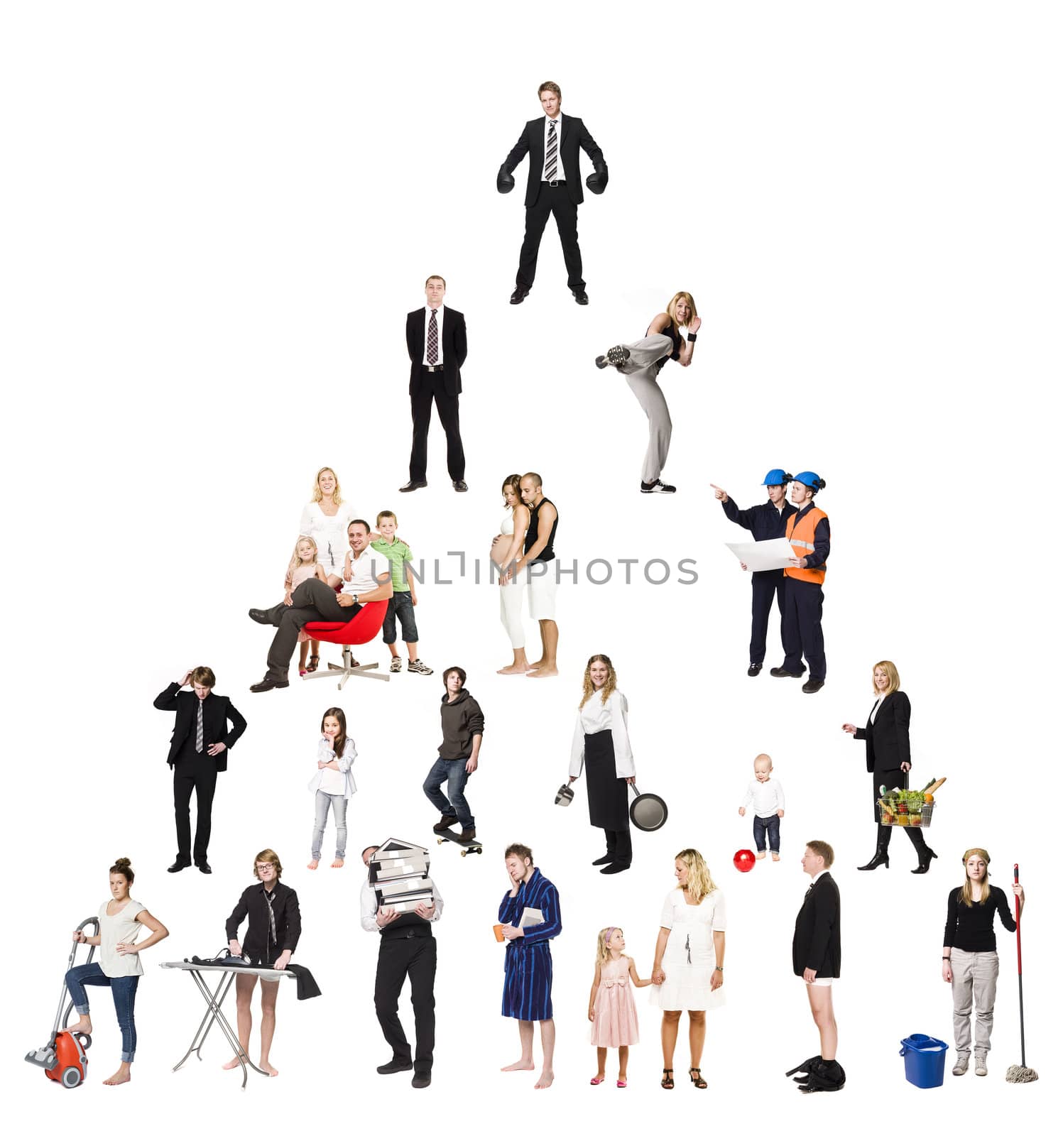 Pyramid of Real People isolated on white Background