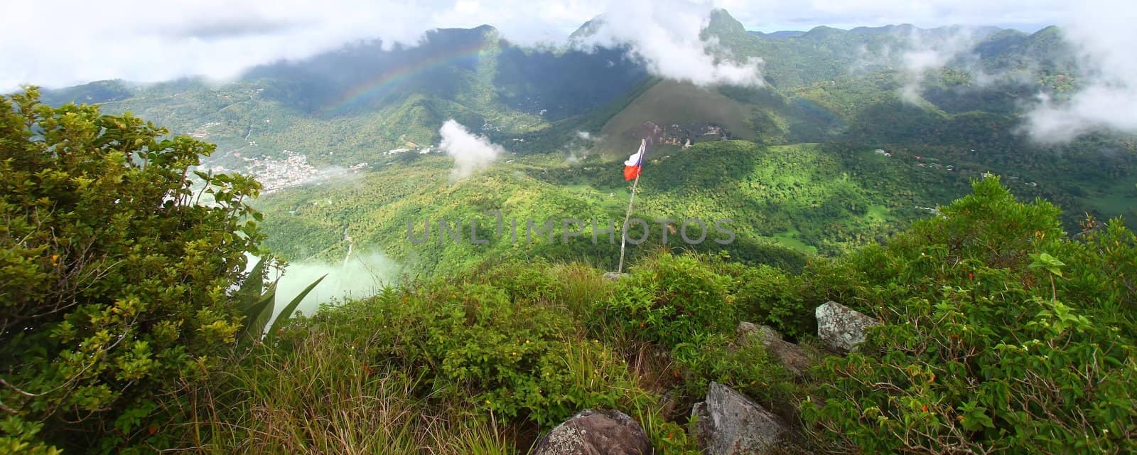 View of Soufriere from the cloud covered summit of the Petit Piton - St Lucia.