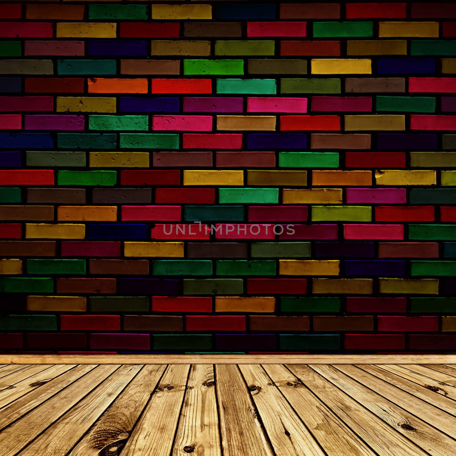 empty interior with wooden floor and multicolored brick wall