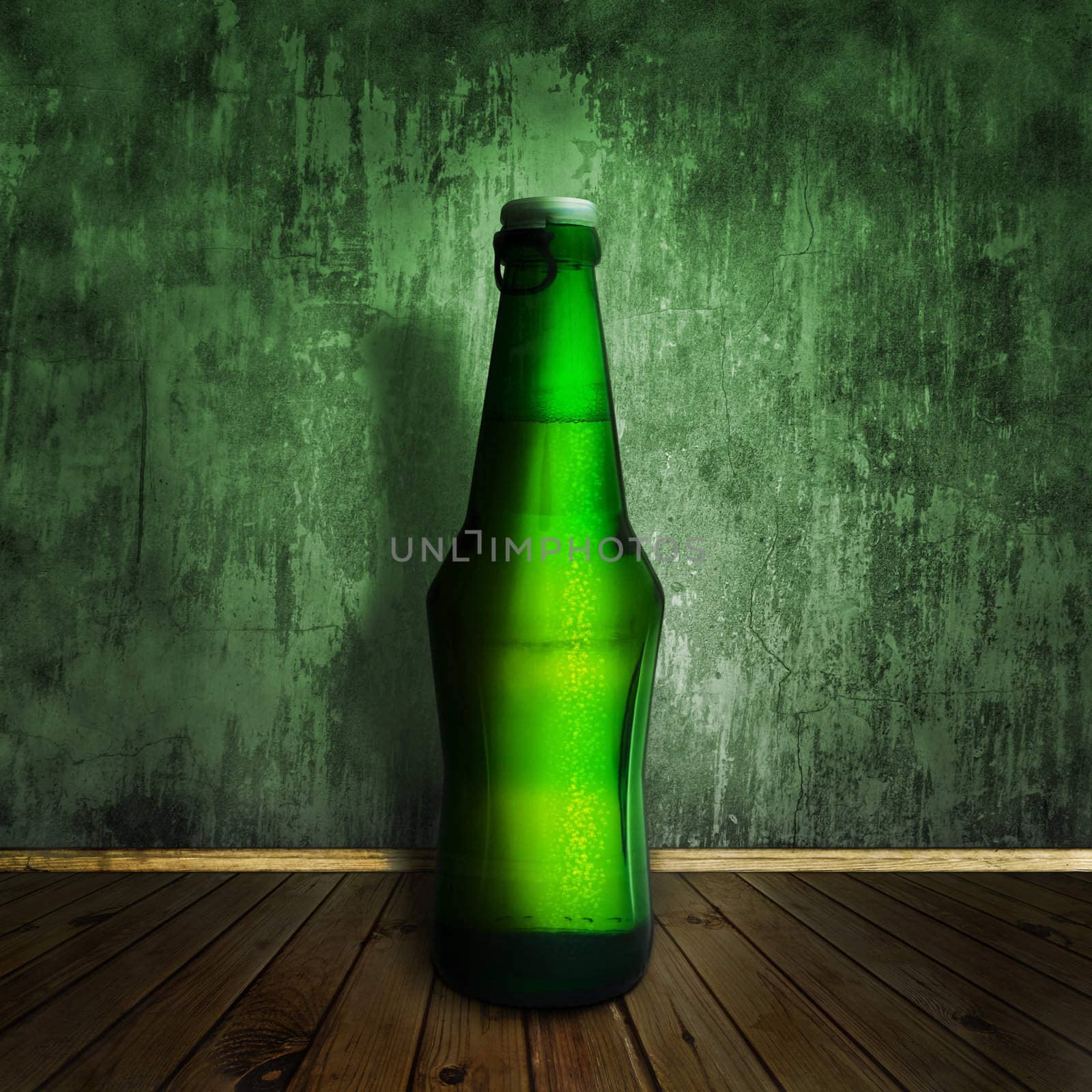 cool beer bottle at wooden floor over grunge wall 