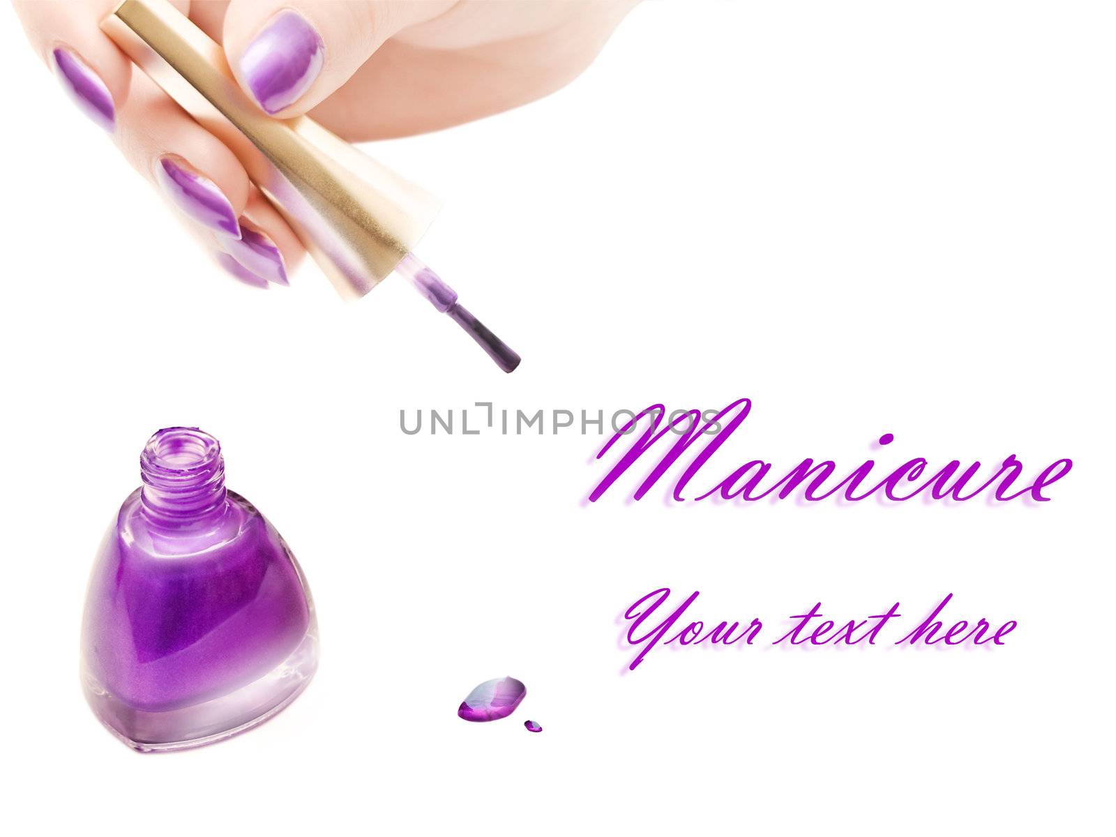 manicure: nail polish and woman hand over white background with copyspace